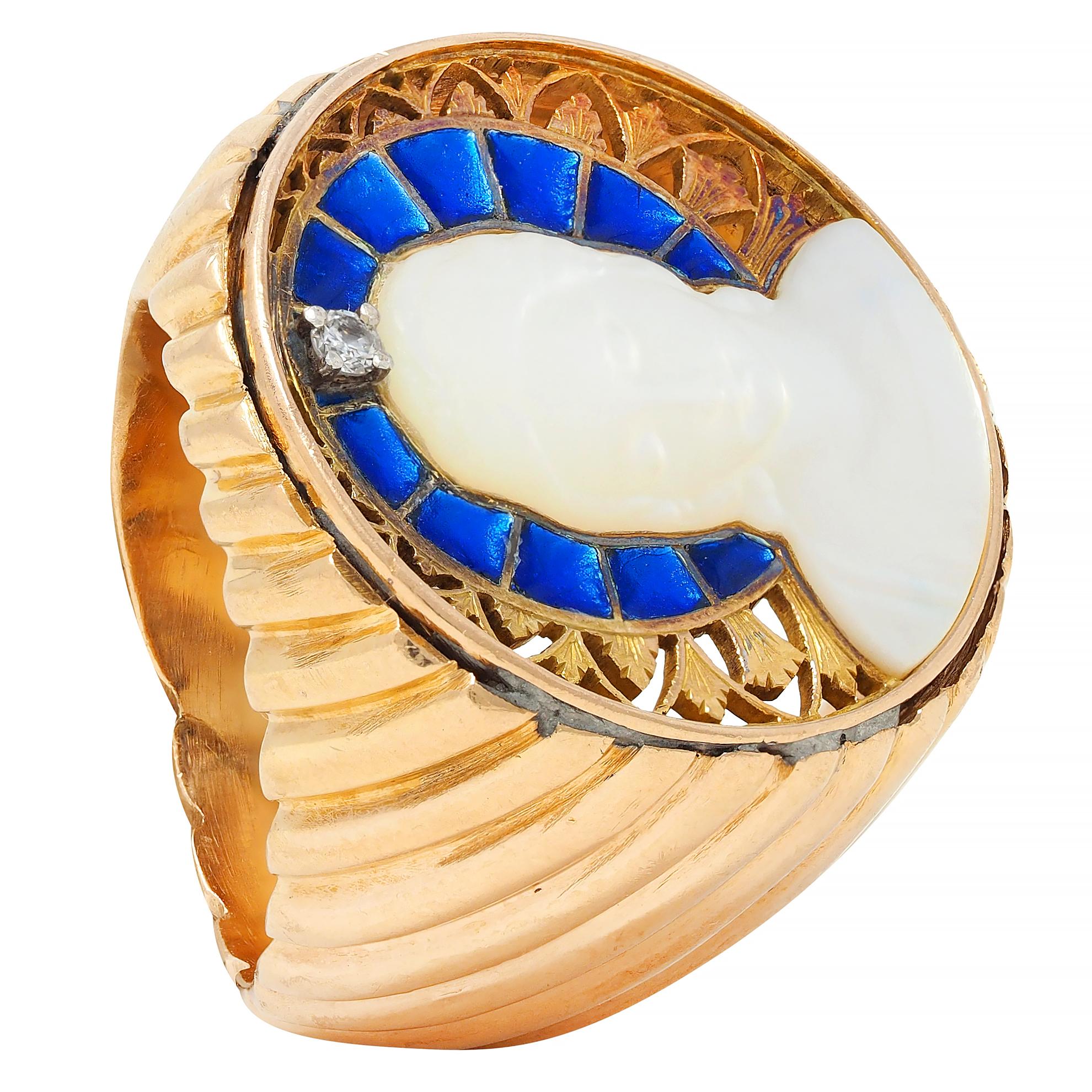 1960's Mother-Of-Pearl Diamond Enamel 18K Gold Vintage Rose Window Madonna Ring