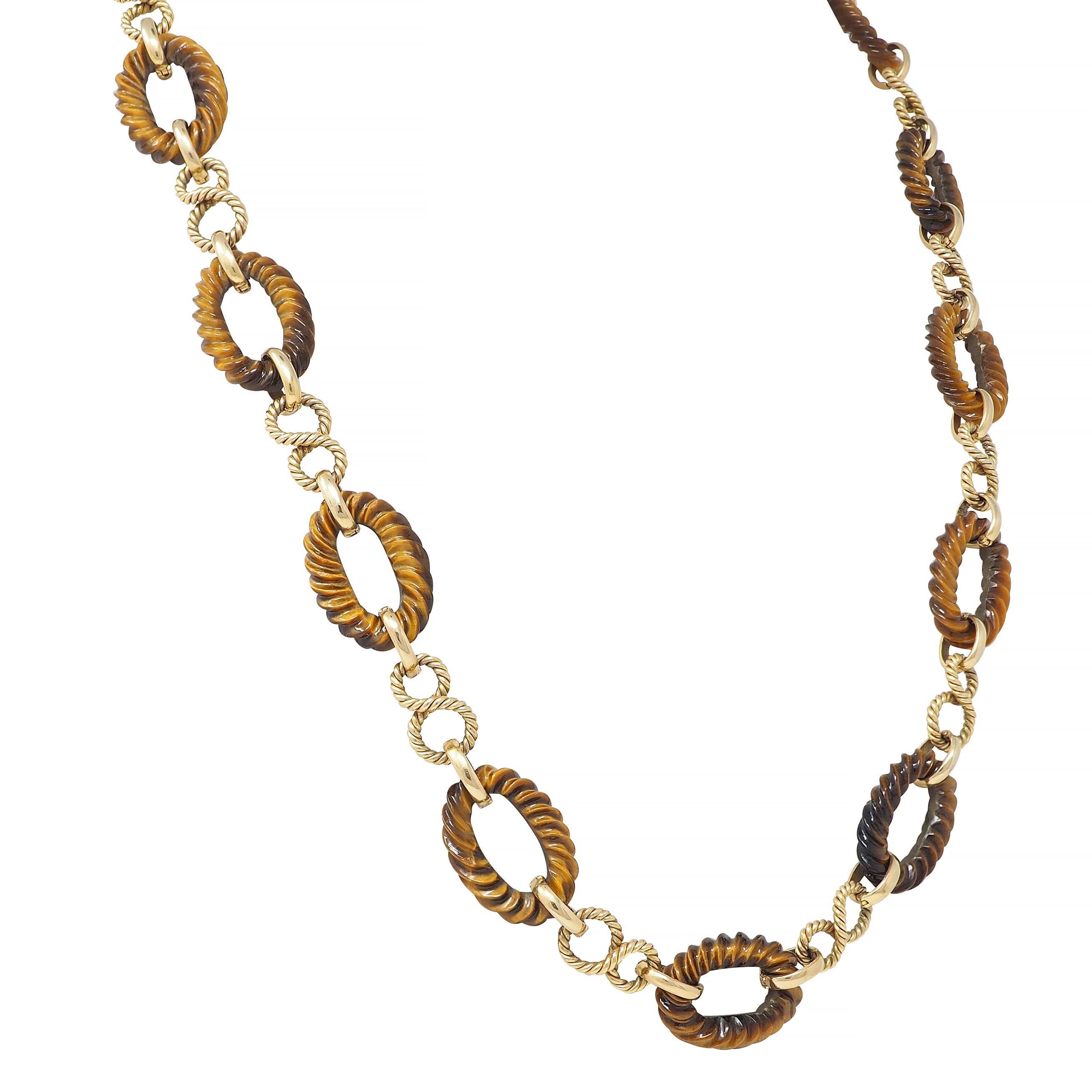 1960's Tiger's Eye 14 Karat Yellow Gold Vintage Twisted Rope Link Chain Necklace