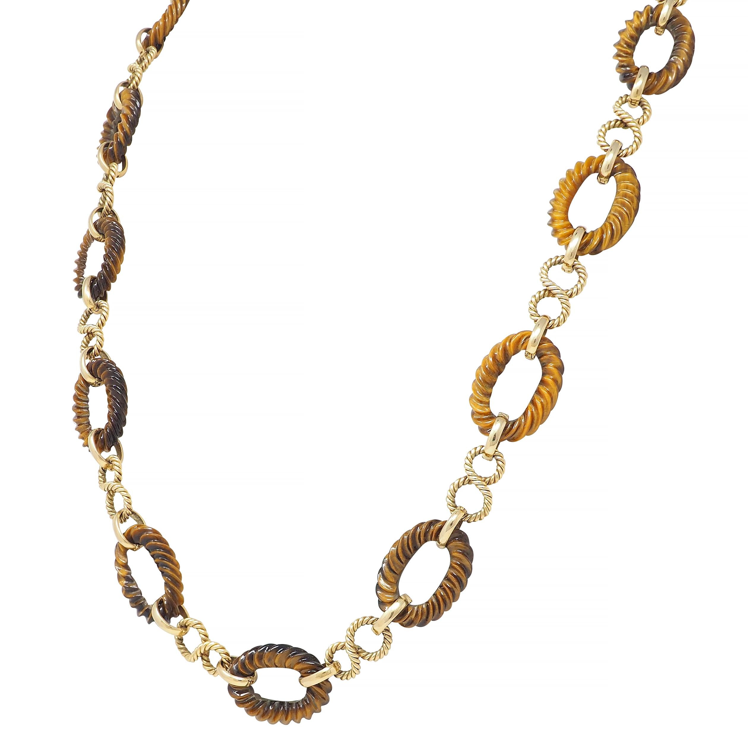 1960's Tiger's Eye 14 Karat Yellow Gold Vintage Twisted Rope Link Chain Necklace