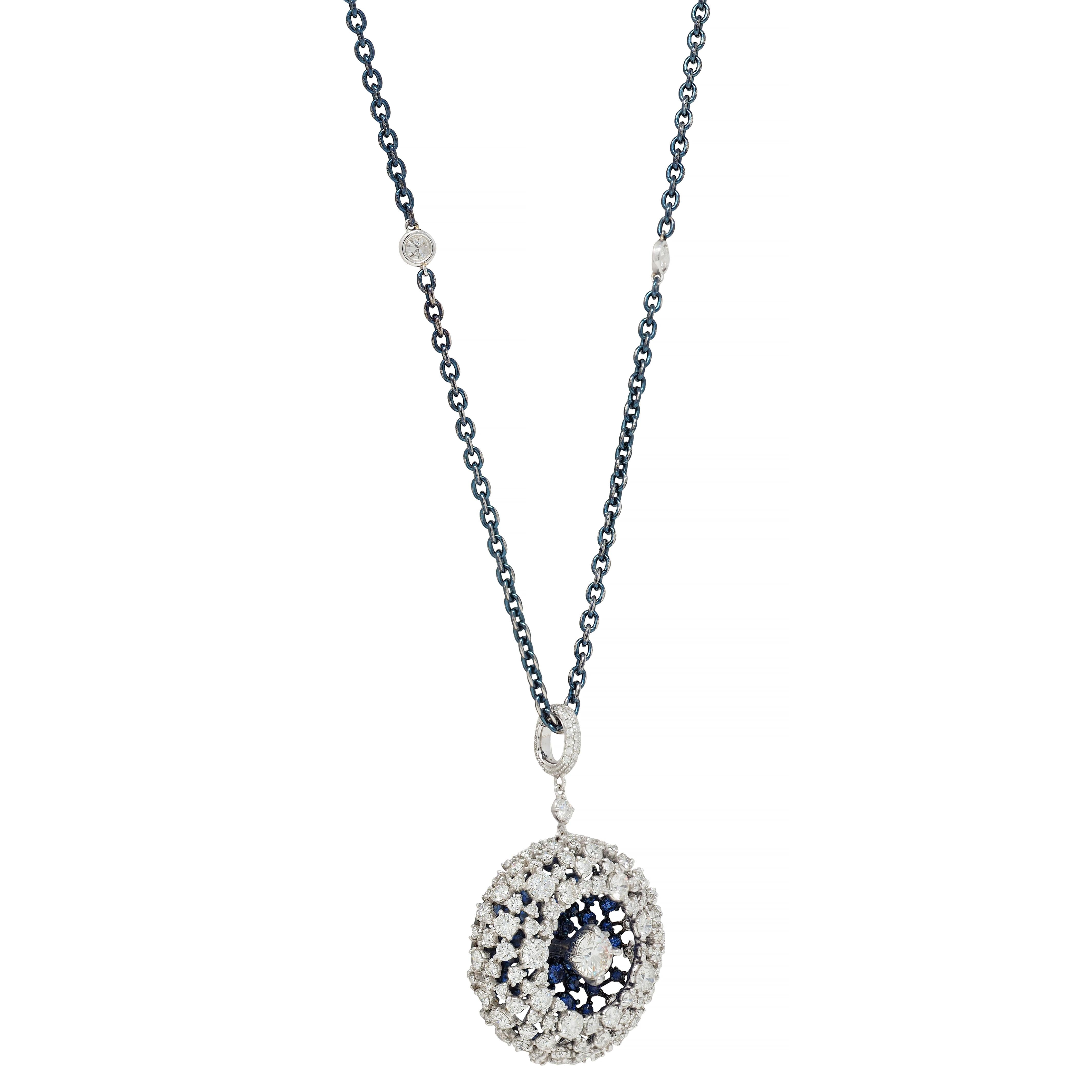 Mariani 7.25 CTW Sapphire Diamond 18K Gold Blue Rhodium PonPon Pendant Necklace