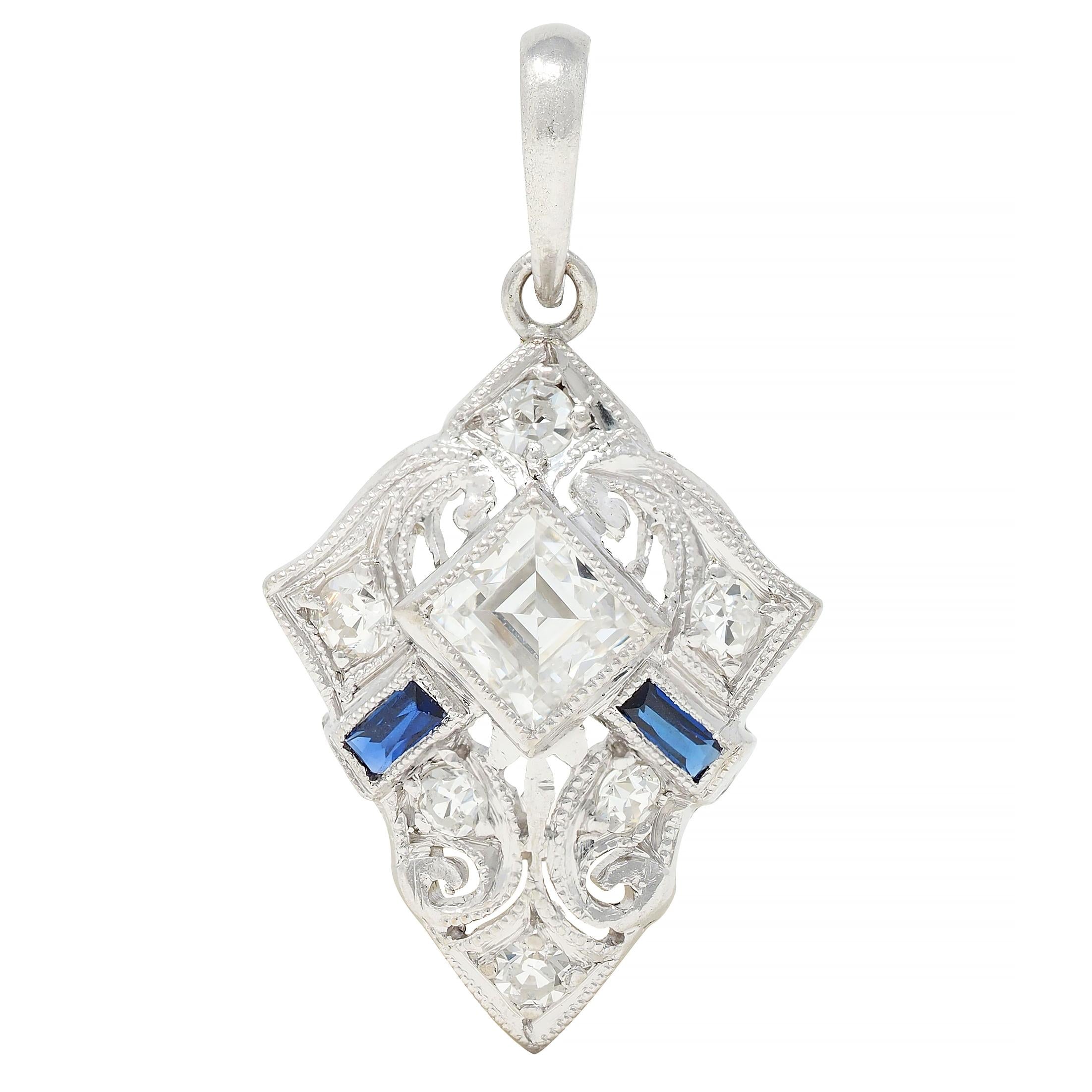 Art Deco 0.58 CTW Sapphire Diamond Platinum Vintage Scrolling Pendant