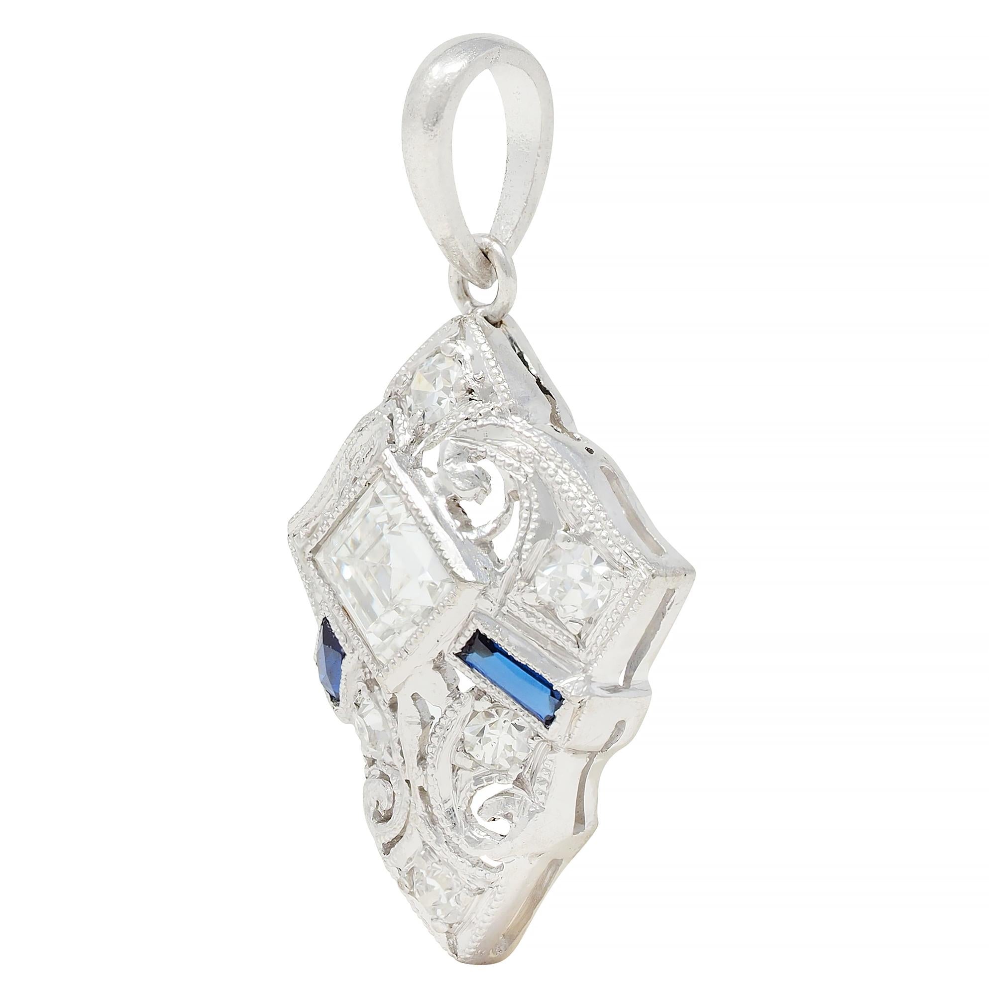 Art Deco 0.58 CTW Sapphire Diamond Platinum Vintage Scrolling Pendant