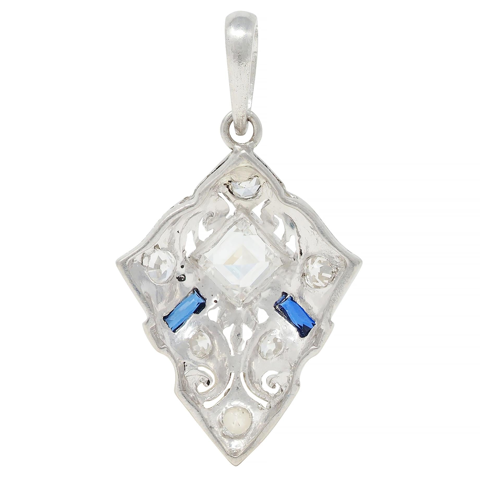 Art Deco 0.58 CTW Sapphire Diamond Platinum Vintage Scrolling Pendant