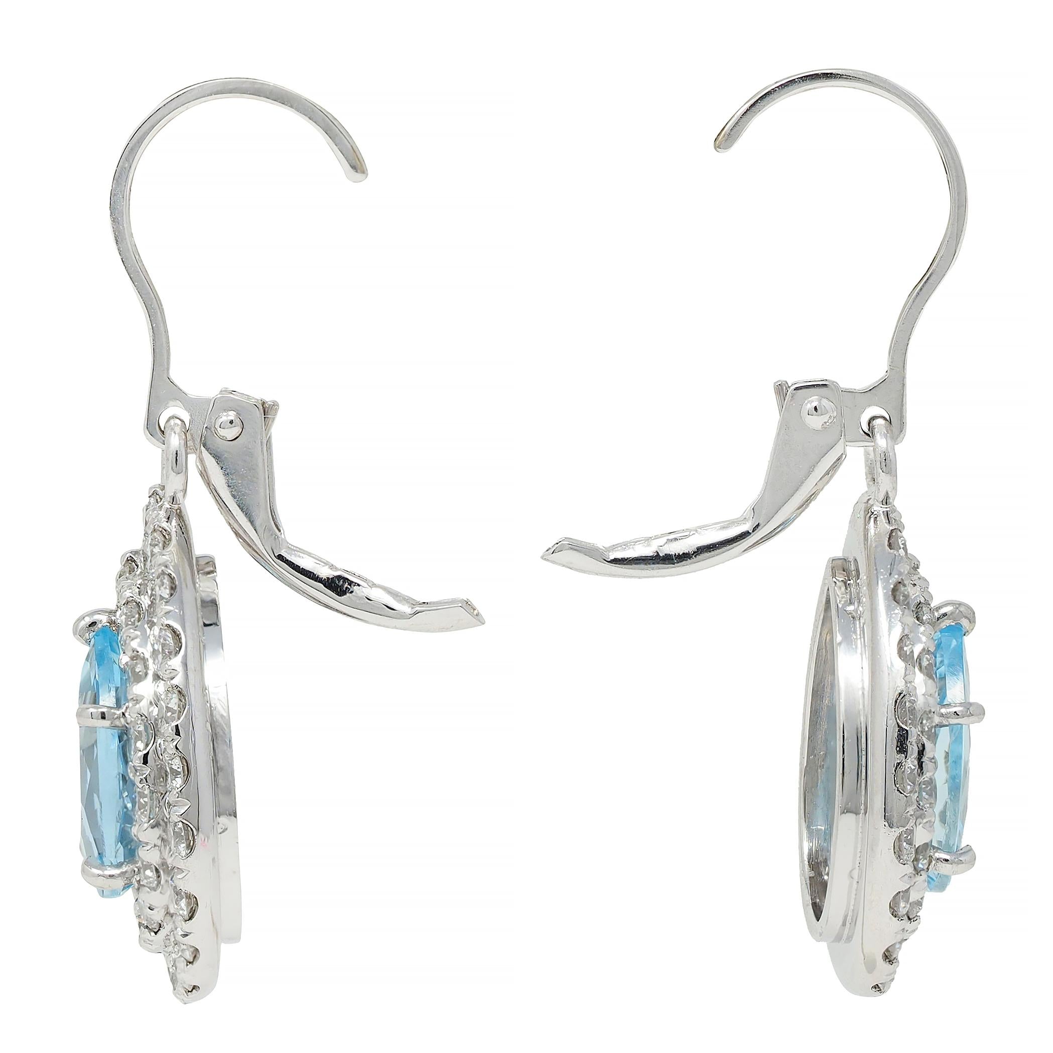 Contemporary 3.74 CTW Aquamarine Diamond Platinum Pear Drop Earrings