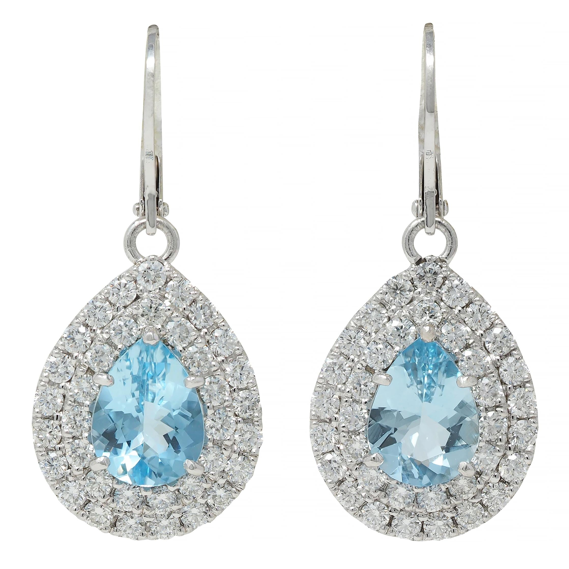 Contemporary 3.74 CTW Aquamarine Diamond Platinum Pear Drop Earrings