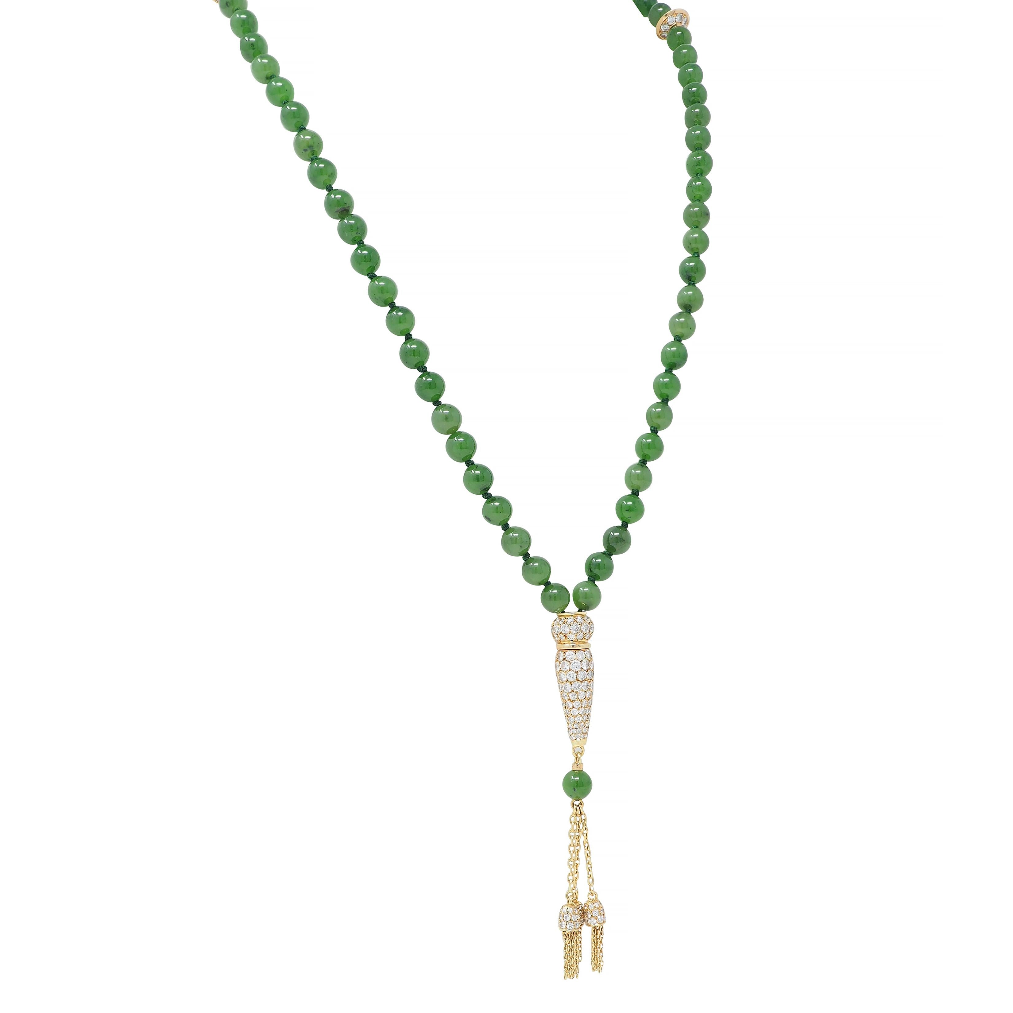 Boucheron French 1970's Diamond Jade Bead 18K Gold Vintage Sautoir Necklace