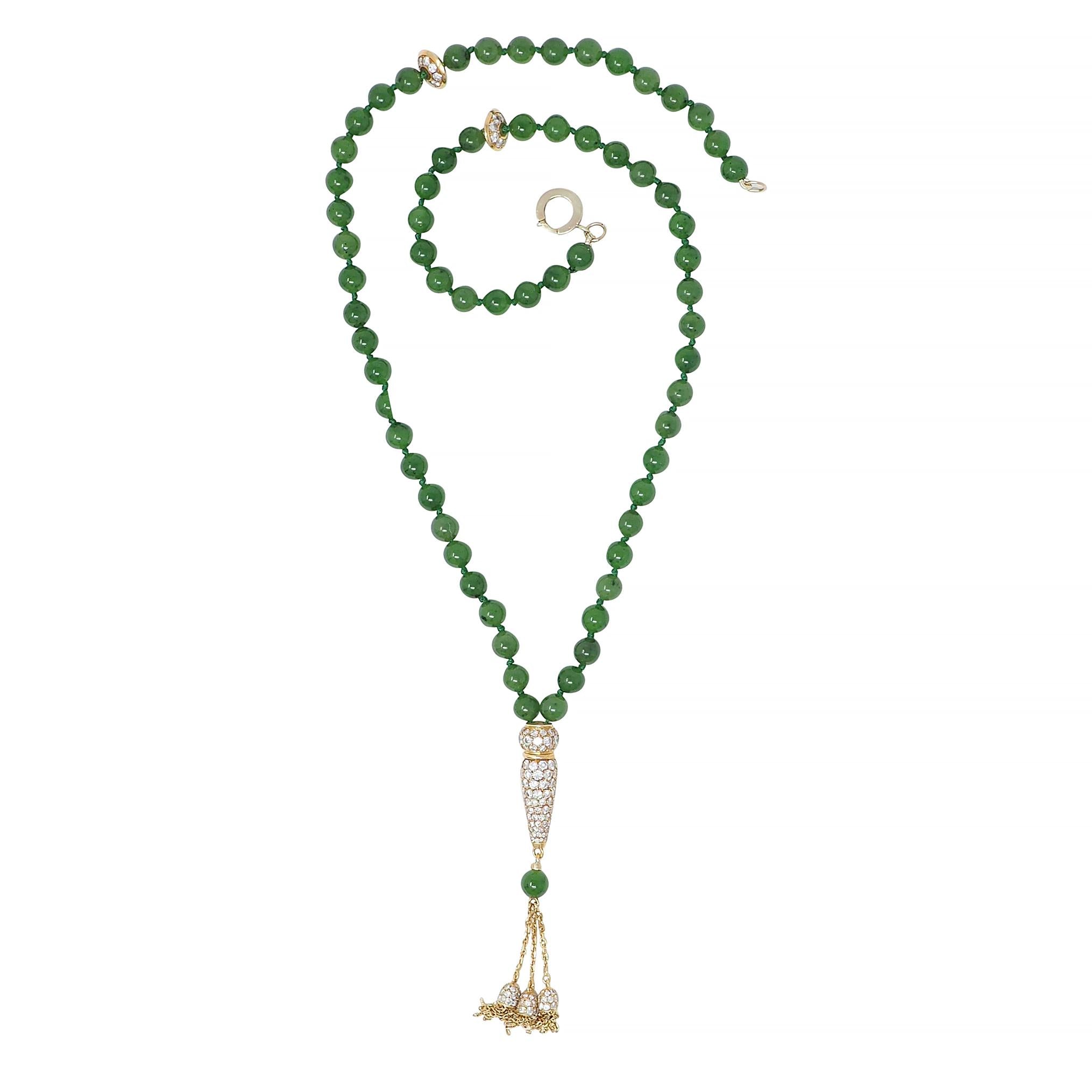 Boucheron French 1970's Diamond Jade Bead 18K Gold Vintage Sautoir Necklace