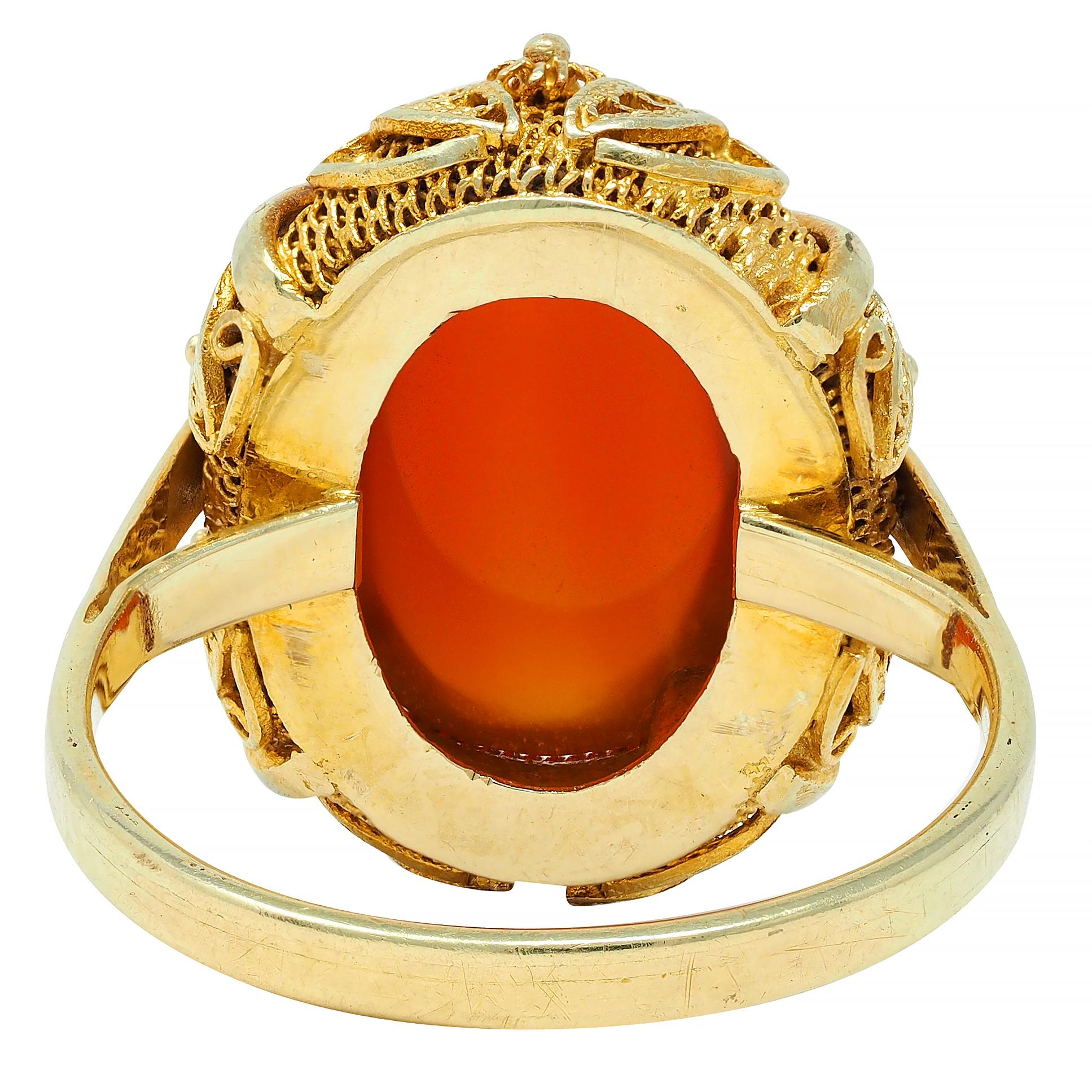 1940s Carnelian 14 Karat Yellow Gold Vintage Cabochon Filigree Ring