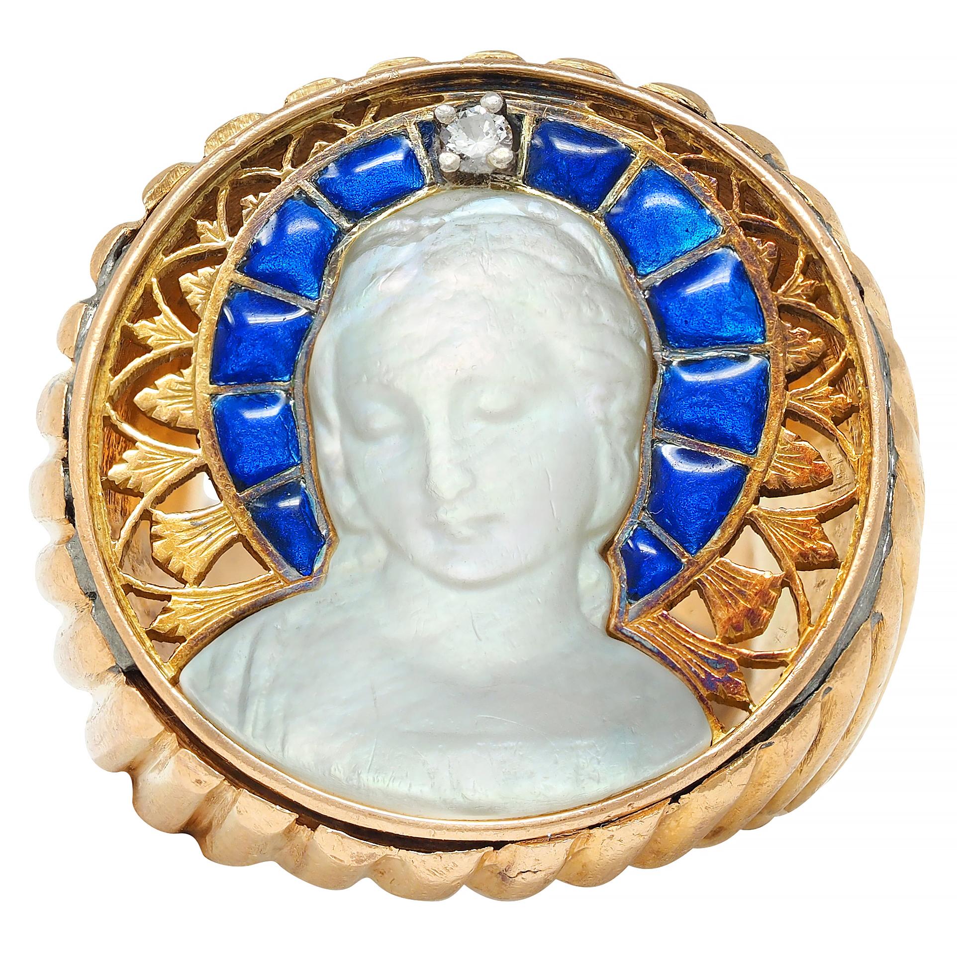 1960's Mother-Of-Pearl Diamond Enamel 18K Gold Vintage Rose Window Madonna Ring