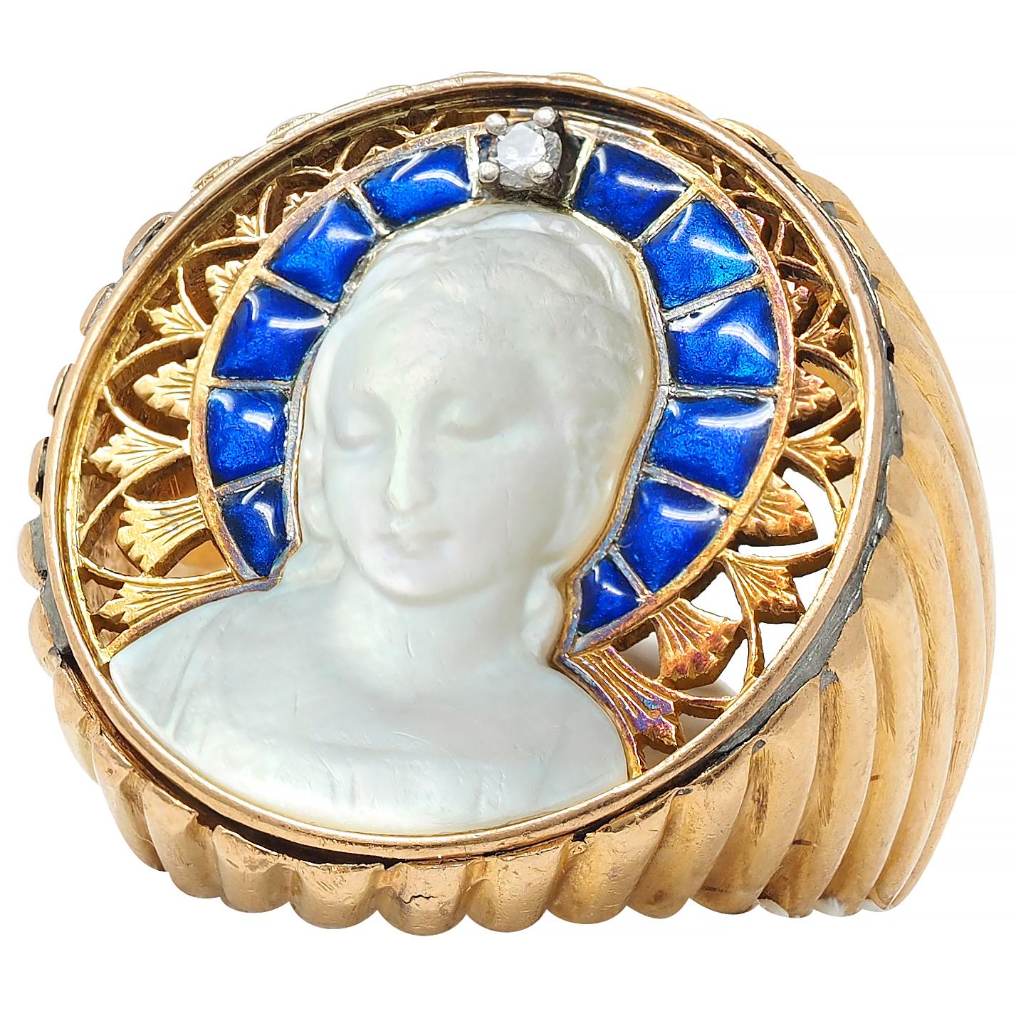 1960's Mother-Of-Pearl Diamond Enamel 18K Gold Vintage Rose Window Madonna Ring