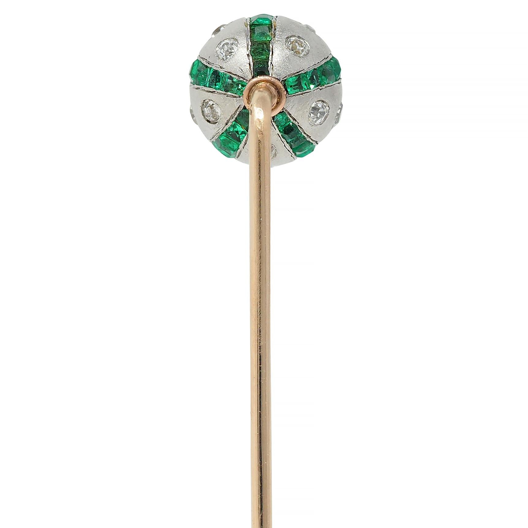 Art Deco 1.08 CTW Diamond Emerald Platinum 14K Gold Vintage Ball Stickpin