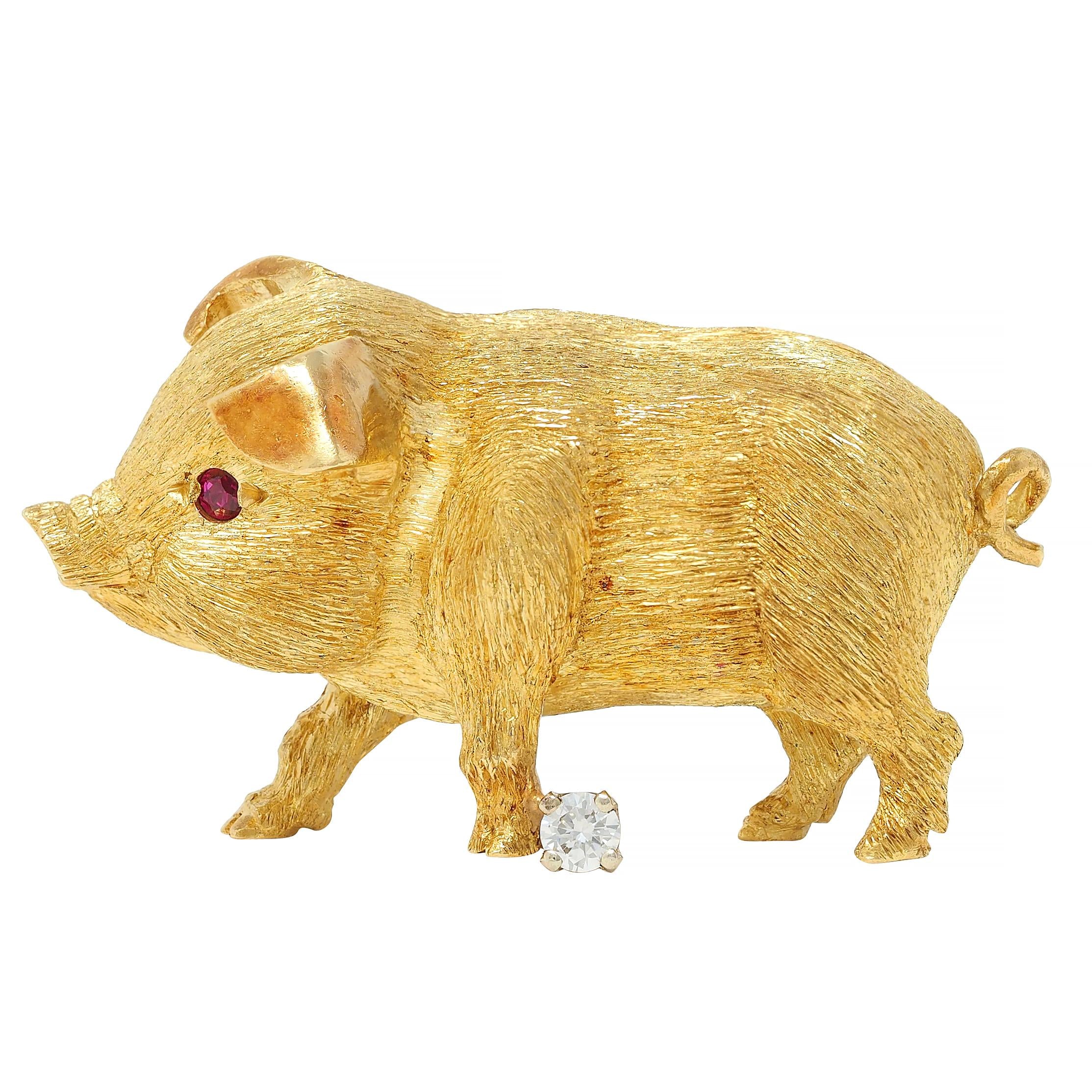 George Lederman 1960's Ruby Diamond 18 Karat Two-Tone Gold Vintage Pig Brooch