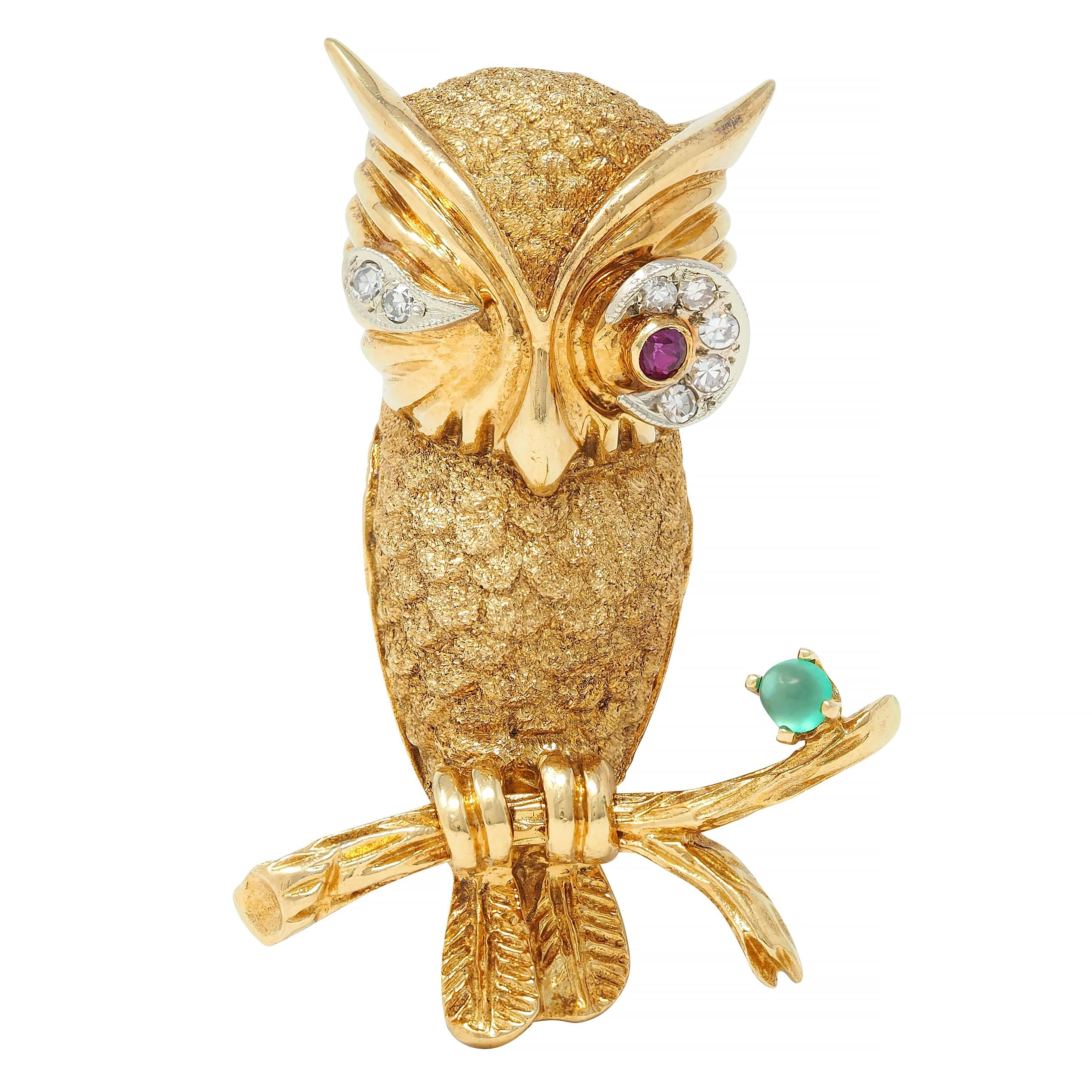 1960s Ruby Emerald Diamond 18 Karat Yellow Gold Vintage Owl Brooch