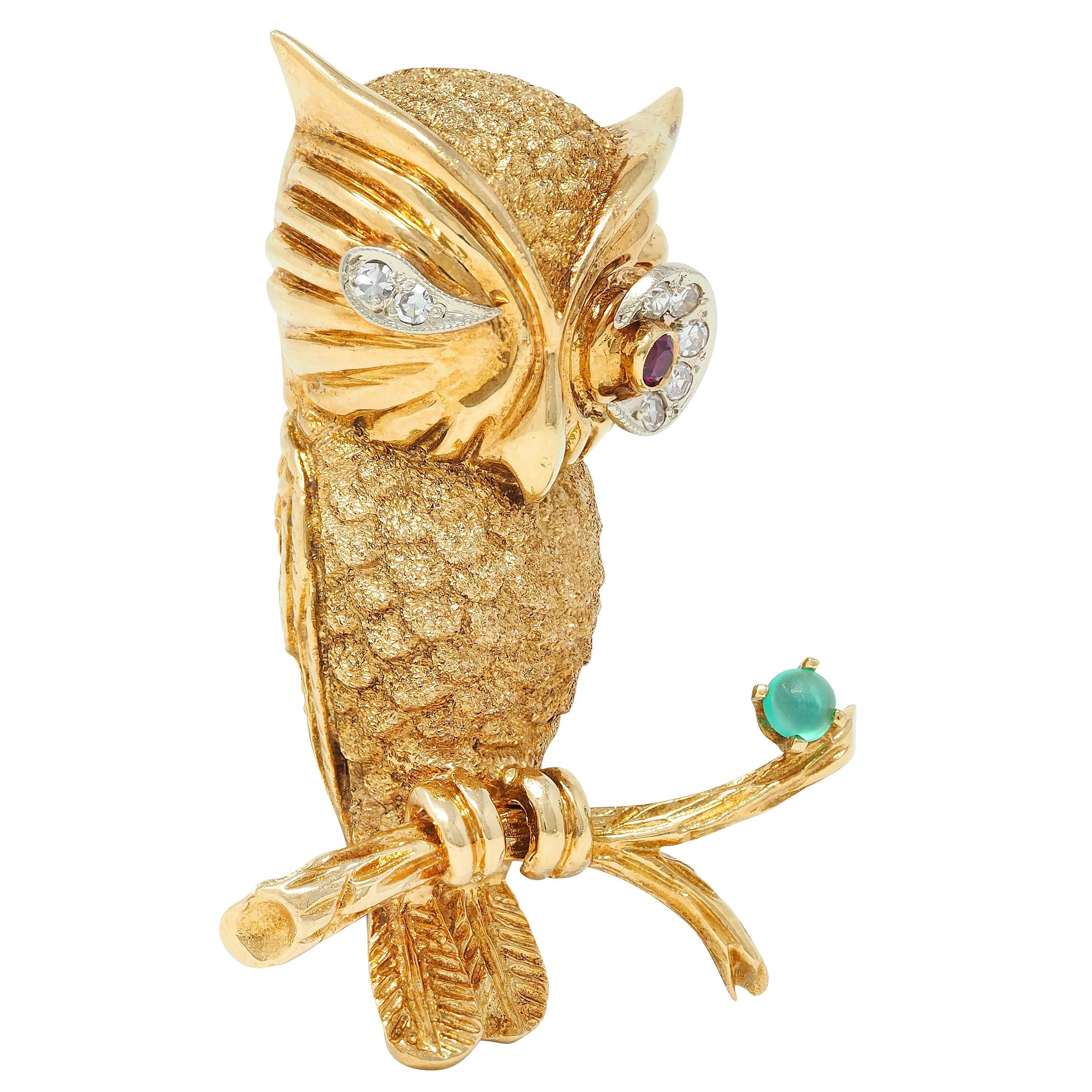 1960s Ruby Emerald Diamond 18 Karat Yellow Gold Vintage Owl Brooch