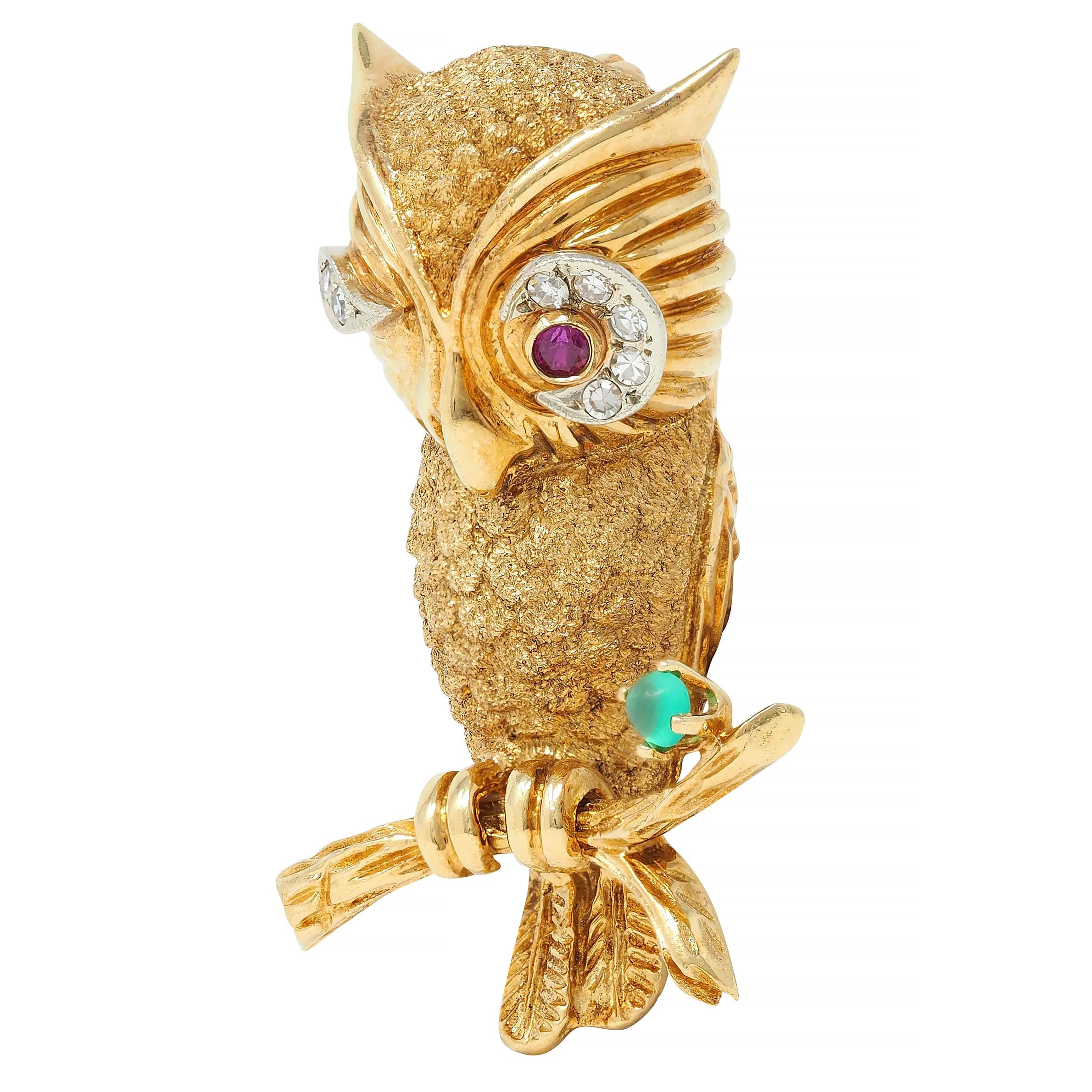 1960s Ruby Emerald Diamond 18 Karat Yellow Gold Vintage Owl Brooch