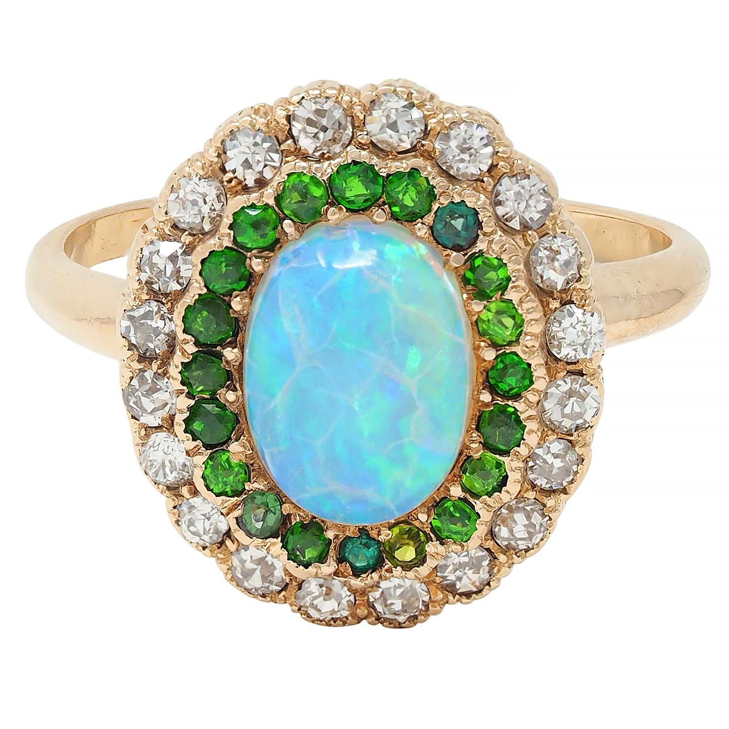 Edwardian Diamond Demantoid Garnet Opal 14 Karat Yellow Gold Antique Halo Ring