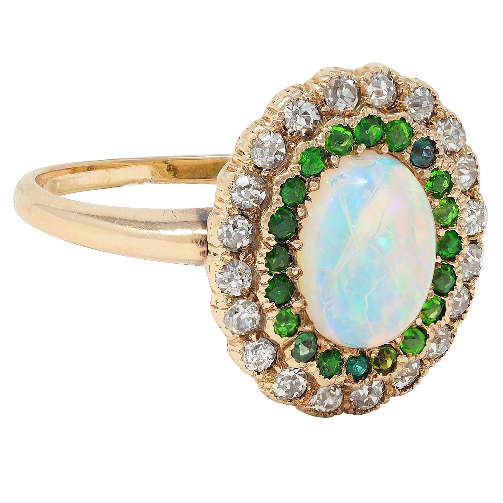 Edwardian Diamond Demantoid Garnet Opal 14 Karat Yellow Gold Antique Halo Ring