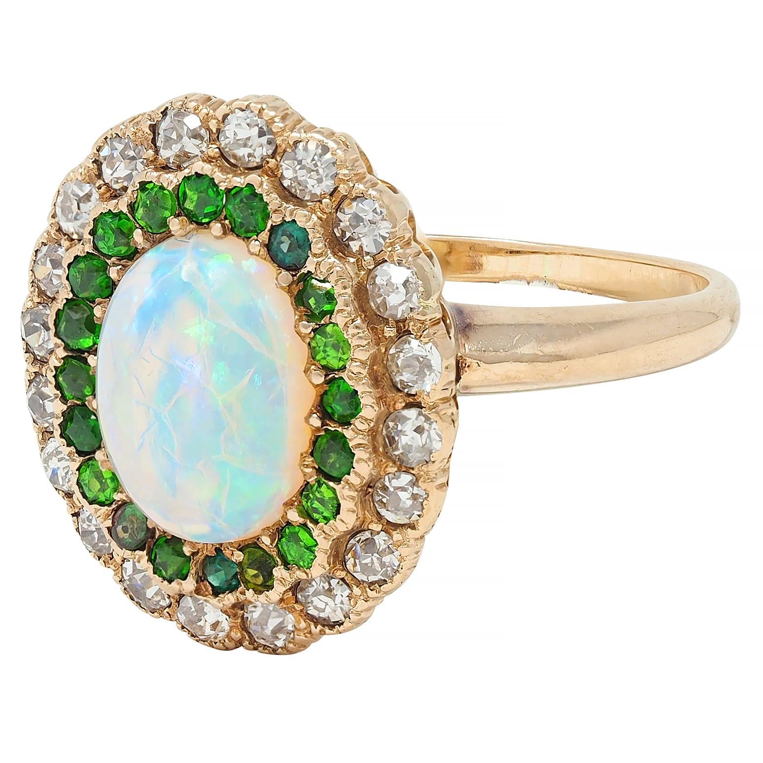 Edwardian Diamond Demantoid Garnet Opal 14 Karat Yellow Gold Antique Halo Ring