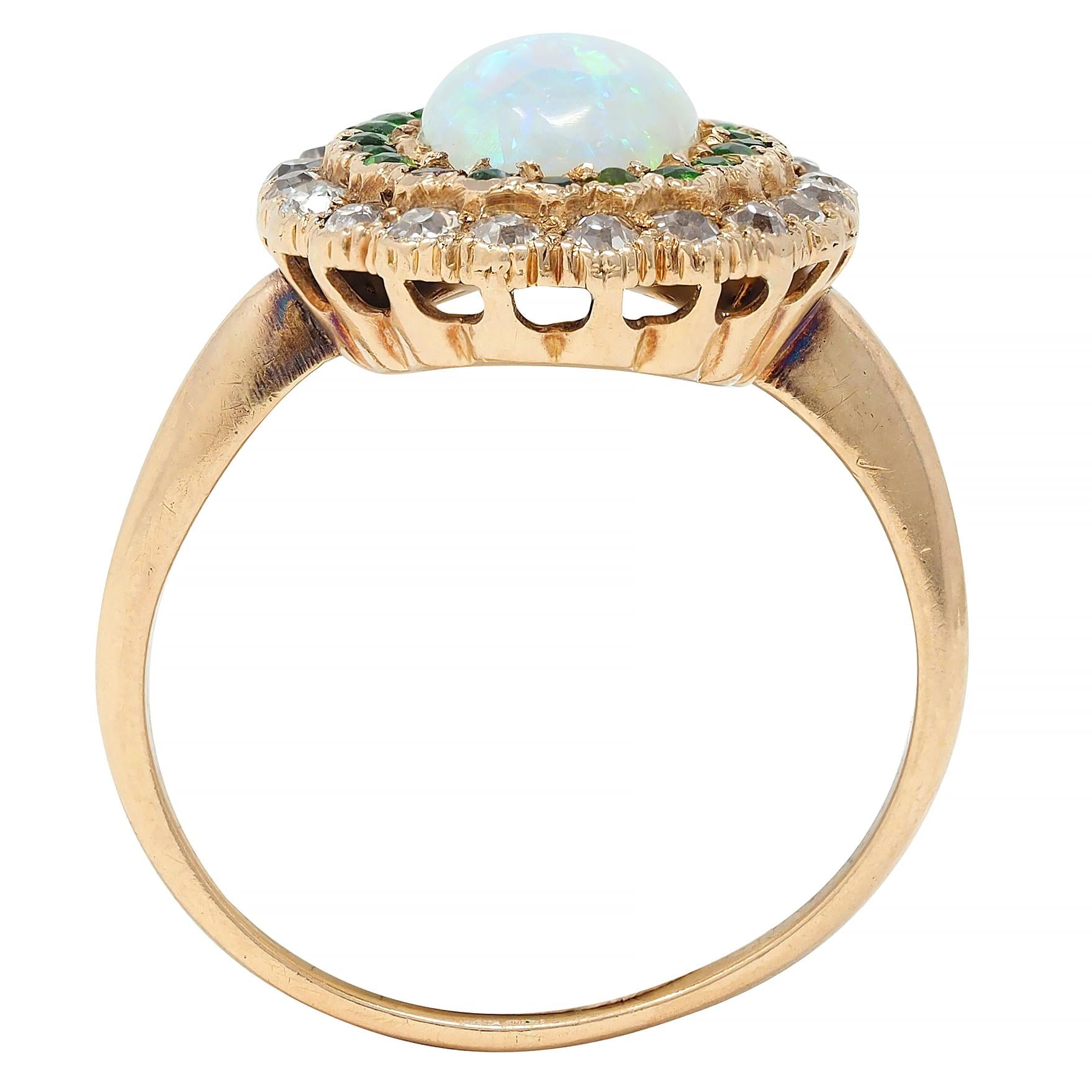 Edwardian Diamond Demantoid Garnet Opal 14 Karat Yellow Gold Antique Halo Ring