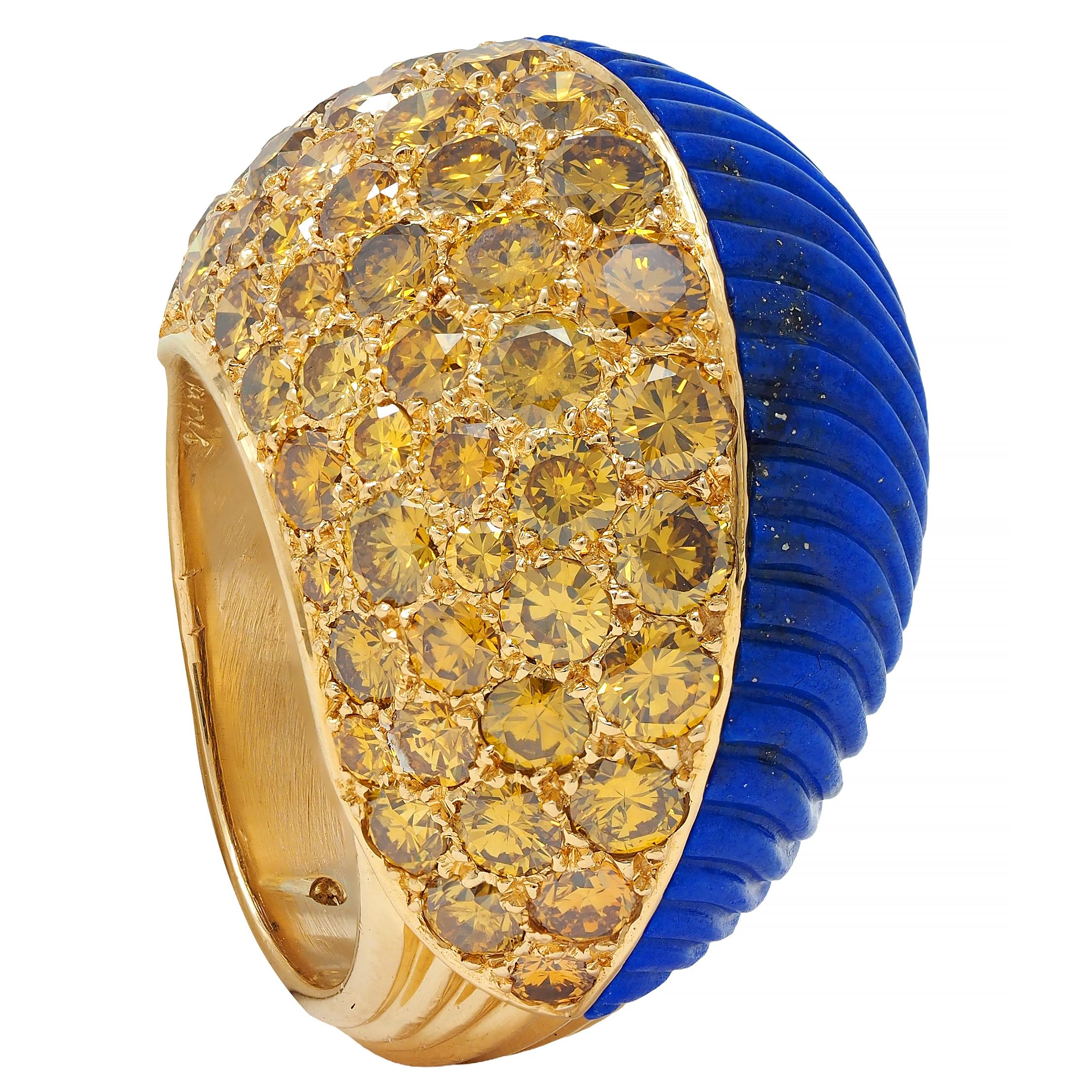 Cartier Paris 1960's 4.62 CTW Yellow Diamond Lapis 18K Gold Vintage Boule Ring