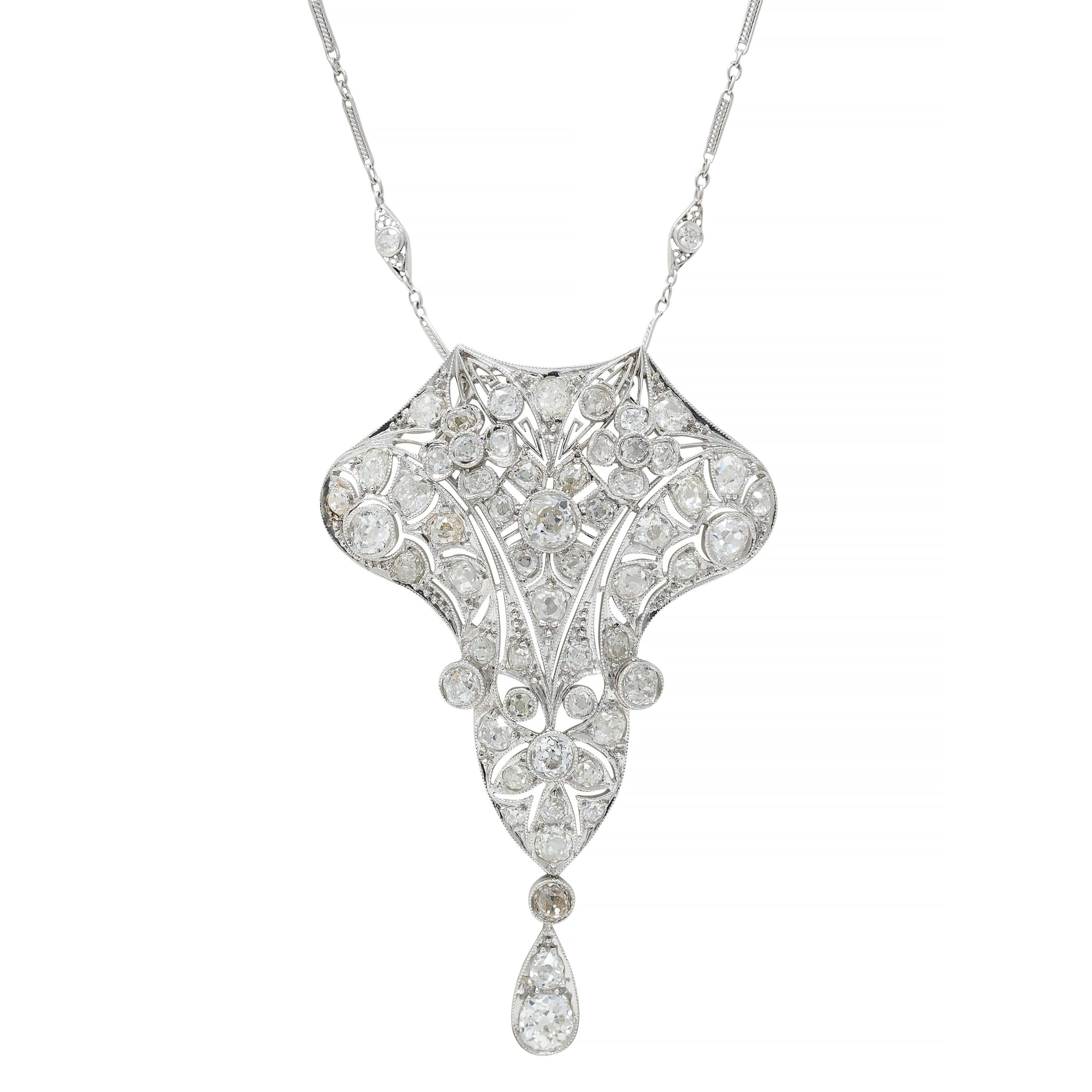 Art Deco 6.40 CTW Diamond Platinum Vintage Floral Lavalier Pendant Necklace