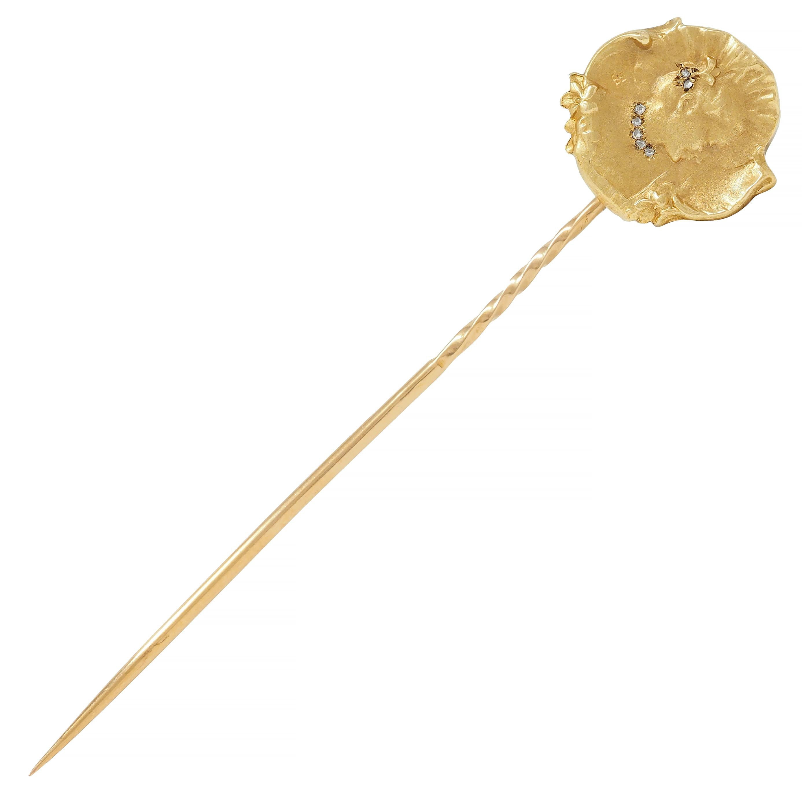 Epinay Briort French Art Nouveau Diamond 18K Gold Floral Lady Antique Stickpin