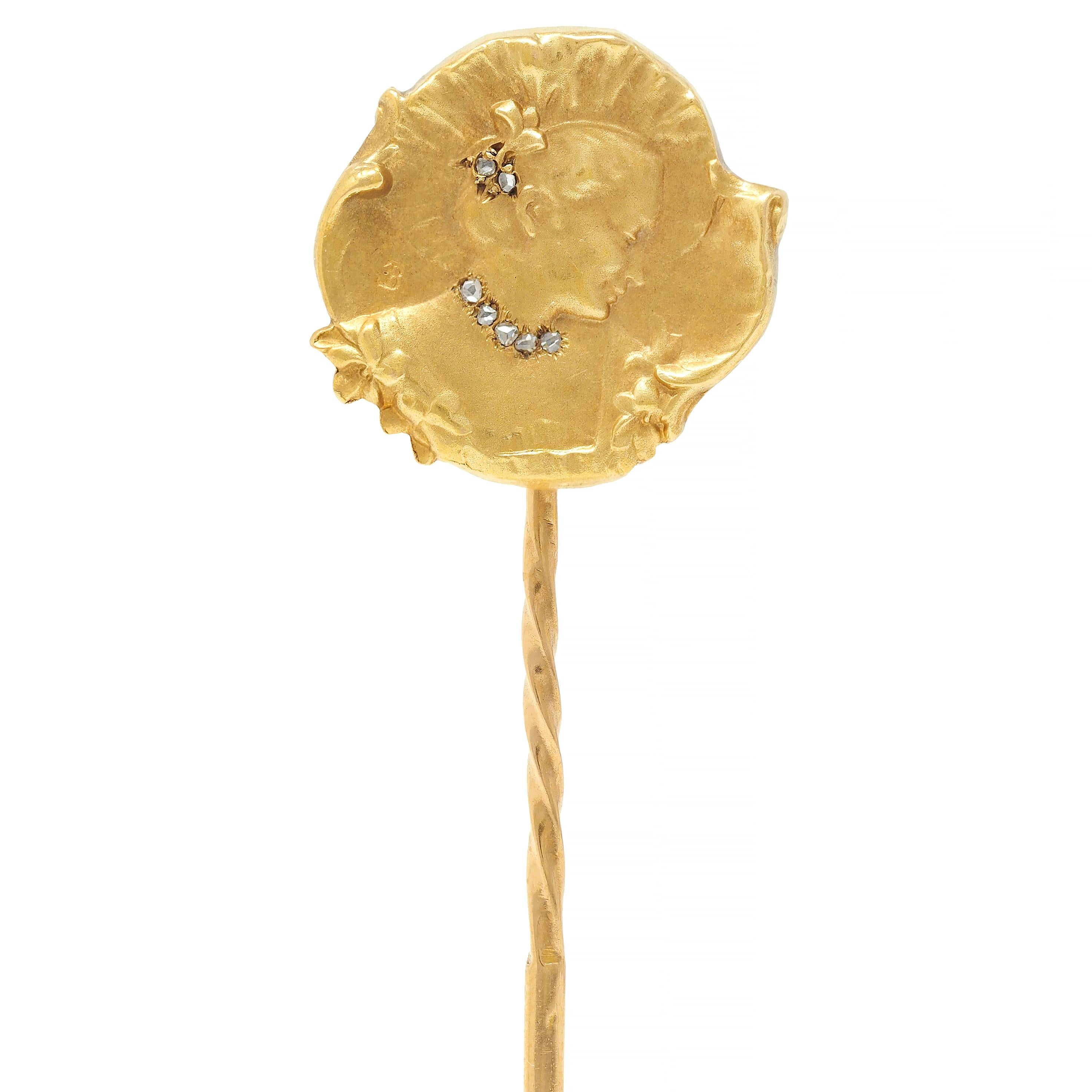 Epinay Briort French Art Nouveau Diamond 18K Gold Floral Lady Antique Stickpin