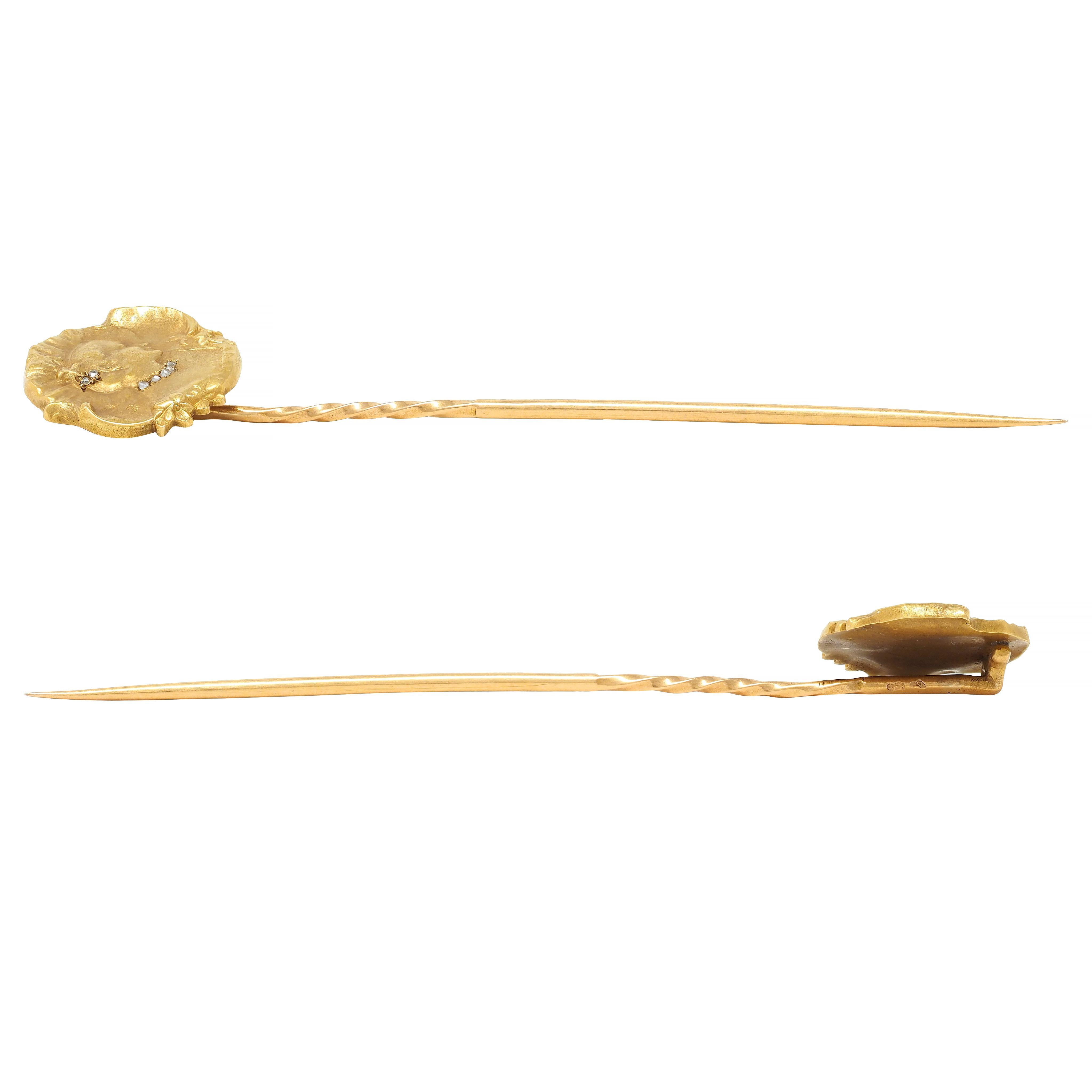 Epinay Briort French Art Nouveau Diamond 18K Gold Floral Lady Antique Stickpin