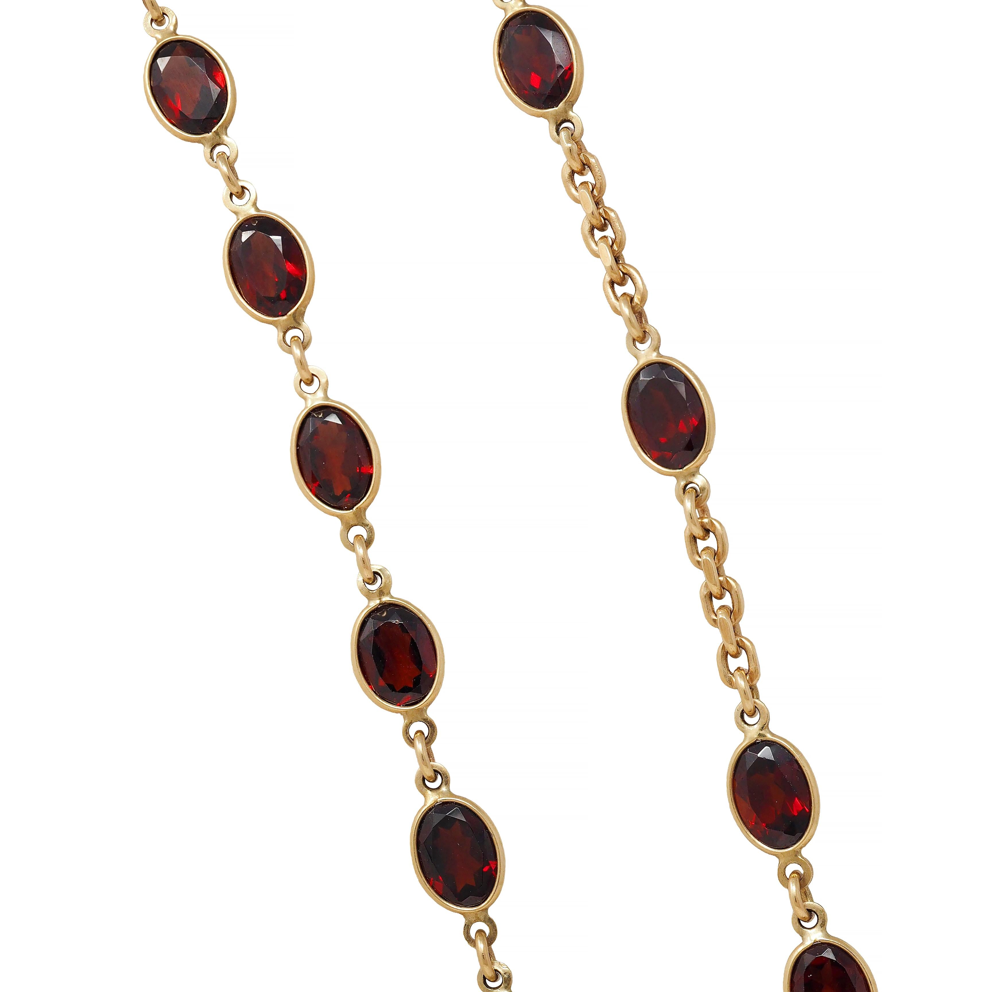 Vintage Garnet 14 Karat Yellow Gold Bezel Link Chain Necklace