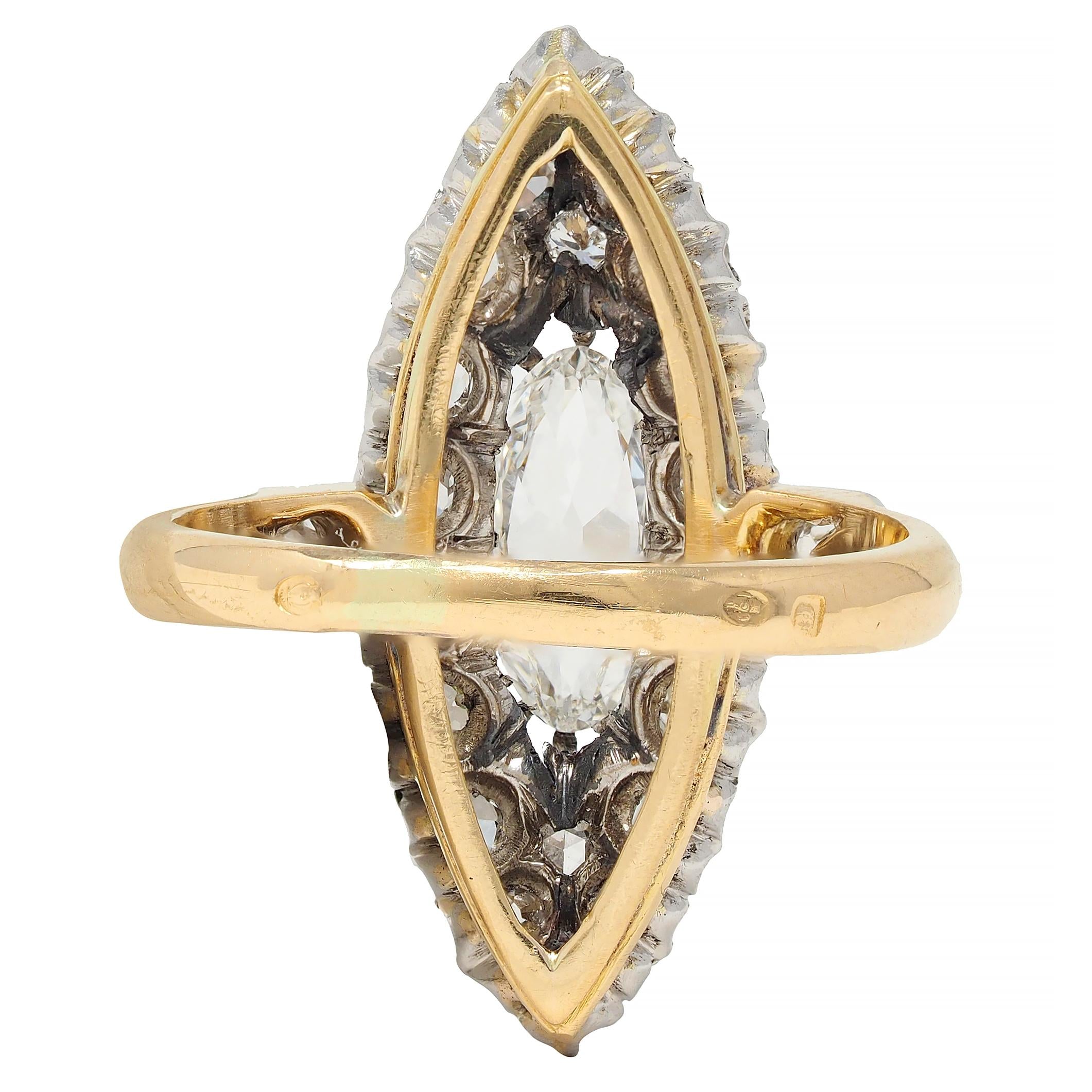 French Edwardian 1.84 CTW Diamond Platinum 18K Gold Antique Navette Ring GIA