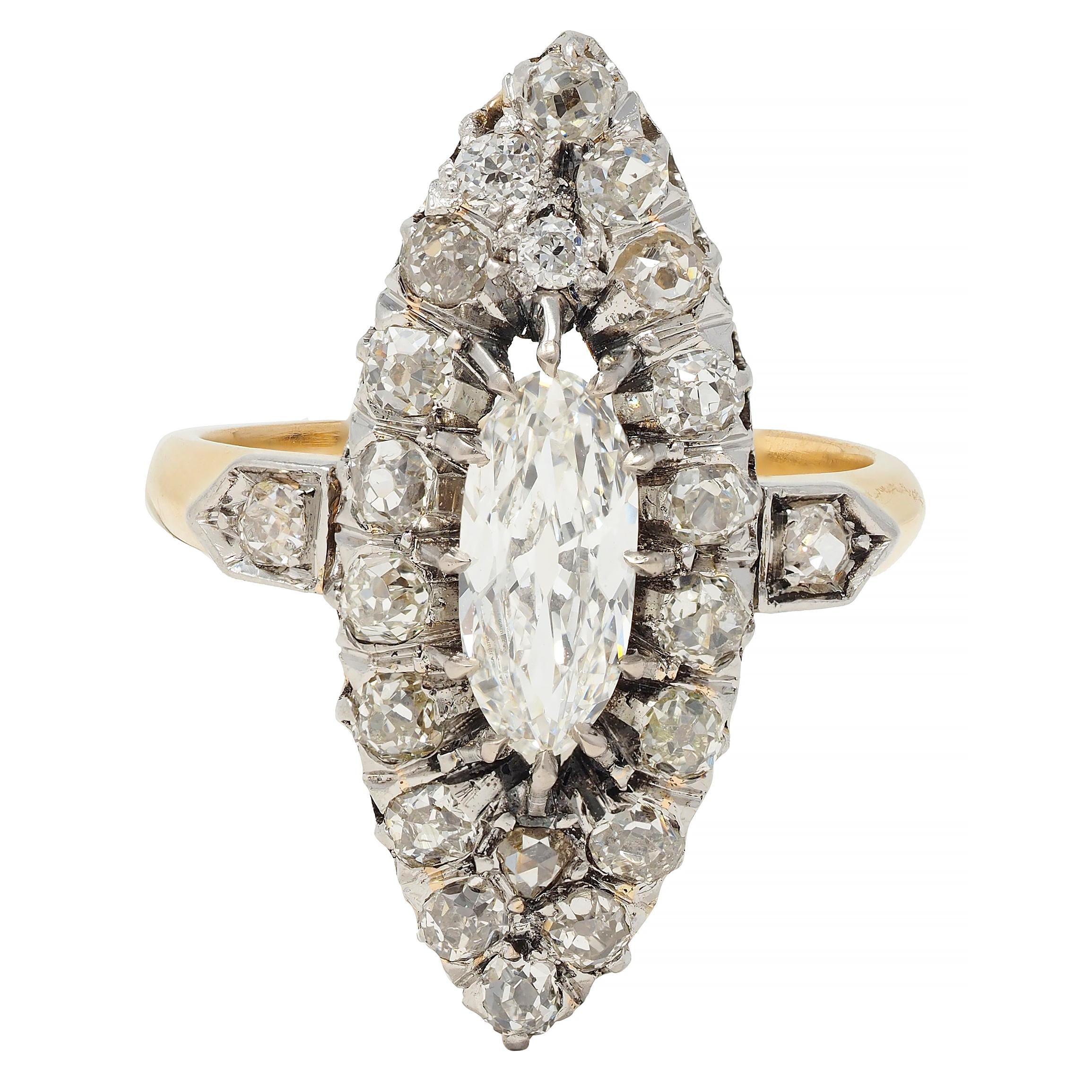 French Edwardian 1.84 CTW Diamond Platinum 18K Gold Antique Navette Ring GIA