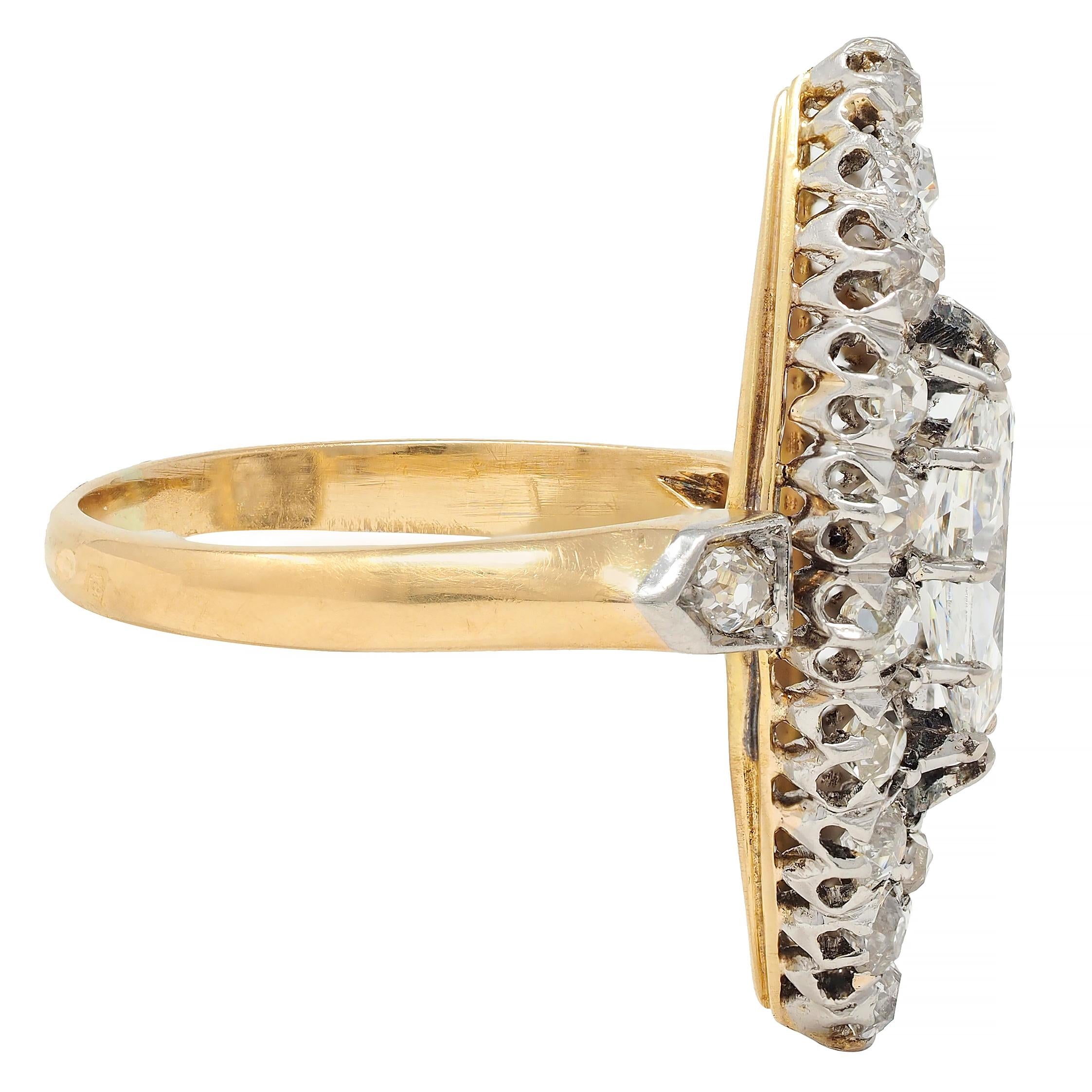 French Edwardian 1.84 CTW Diamond Platinum 18K Gold Antique Navette Ring GIA