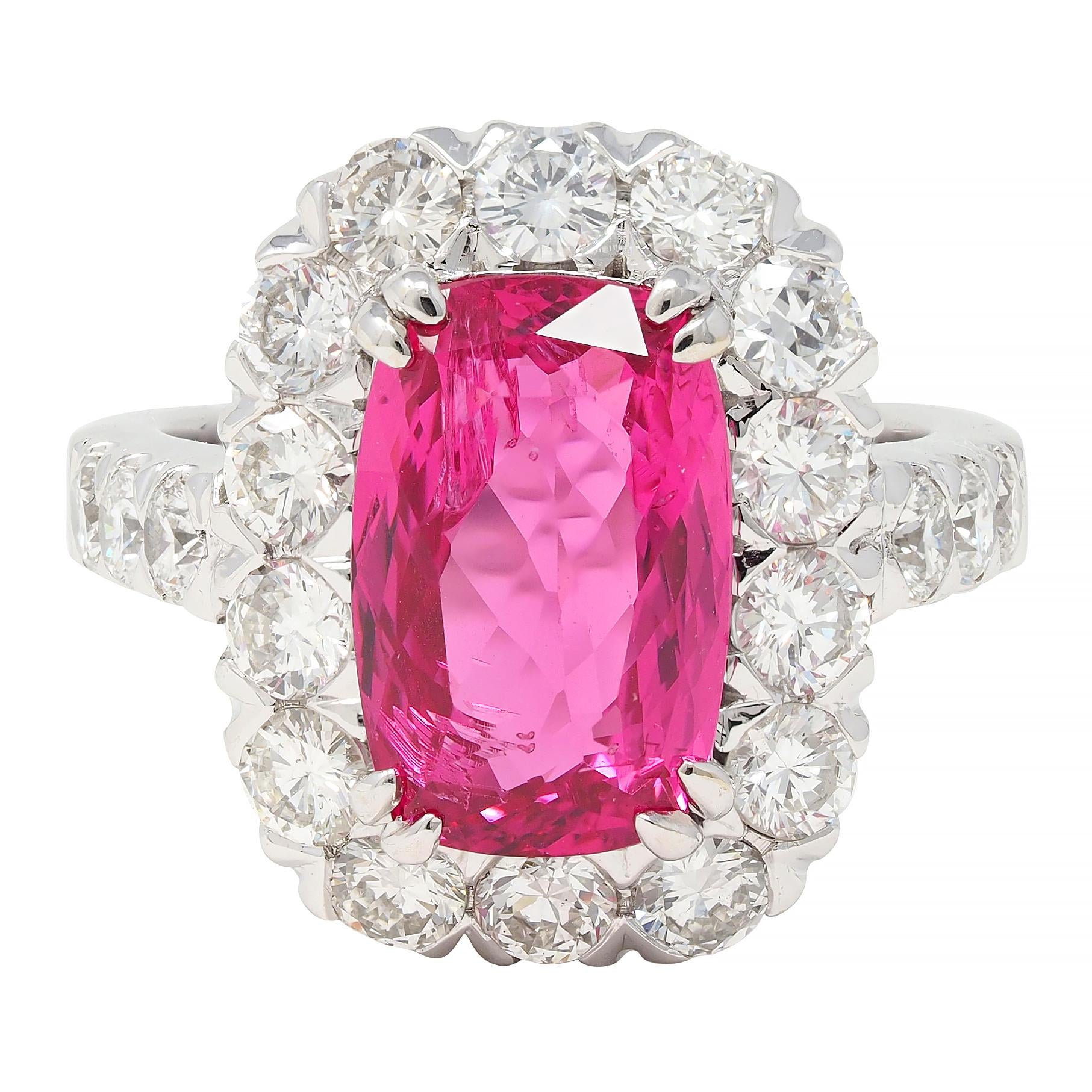 Contemporary 6.67 CTW No Heat Pink Spinel Diamond 18 Karat White Gold Halo Ring