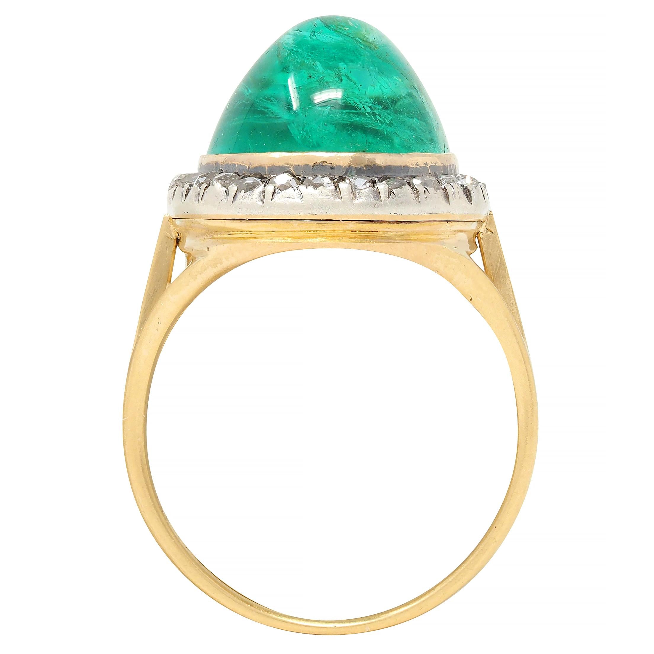 Victorian Colombian Emerald Cabochon Diamond Silver 18K Gold Antique Halo Ring