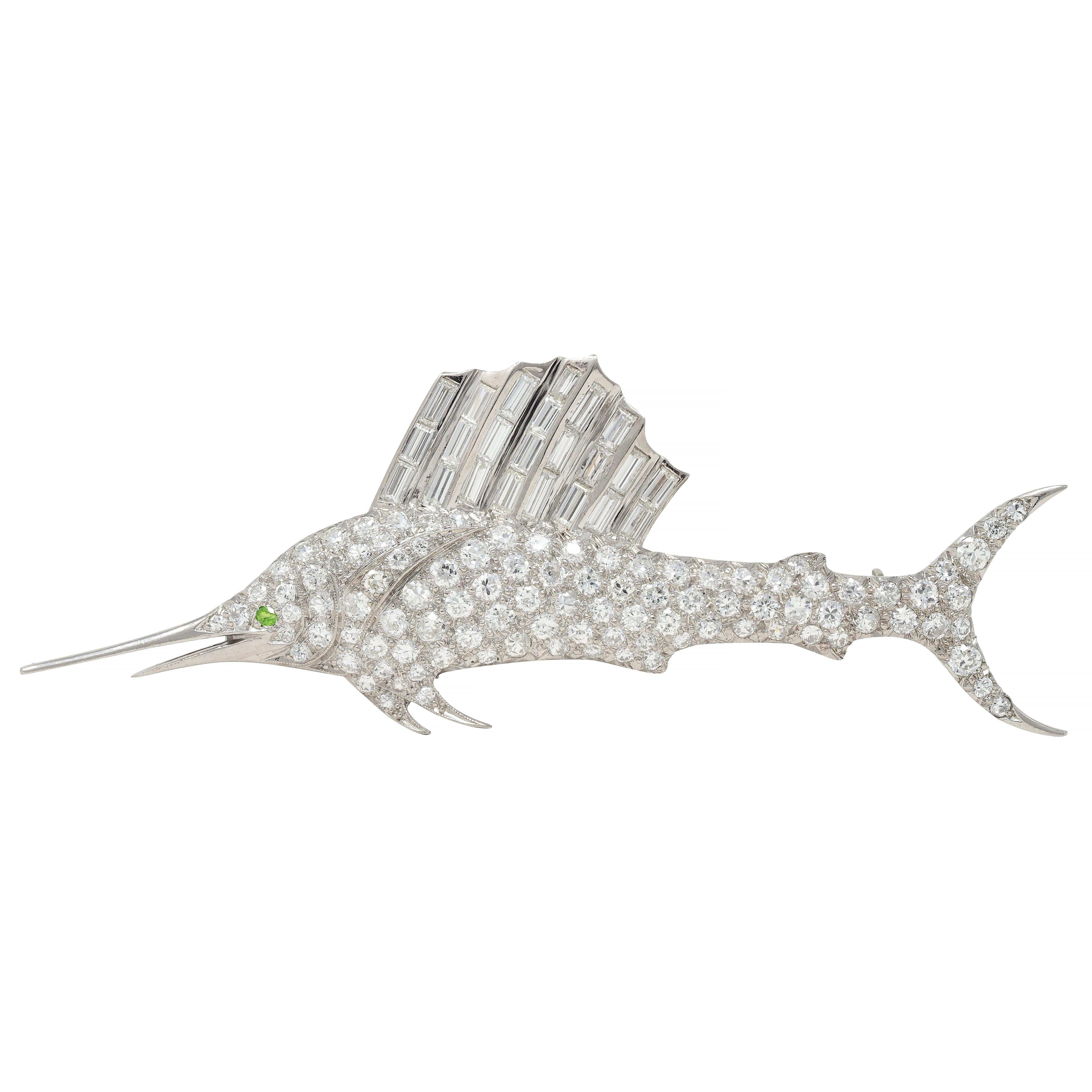 Art Deco 4.65 CTW Diamond Demantoid Garnet Platinum Vintage Swordfish Brooch