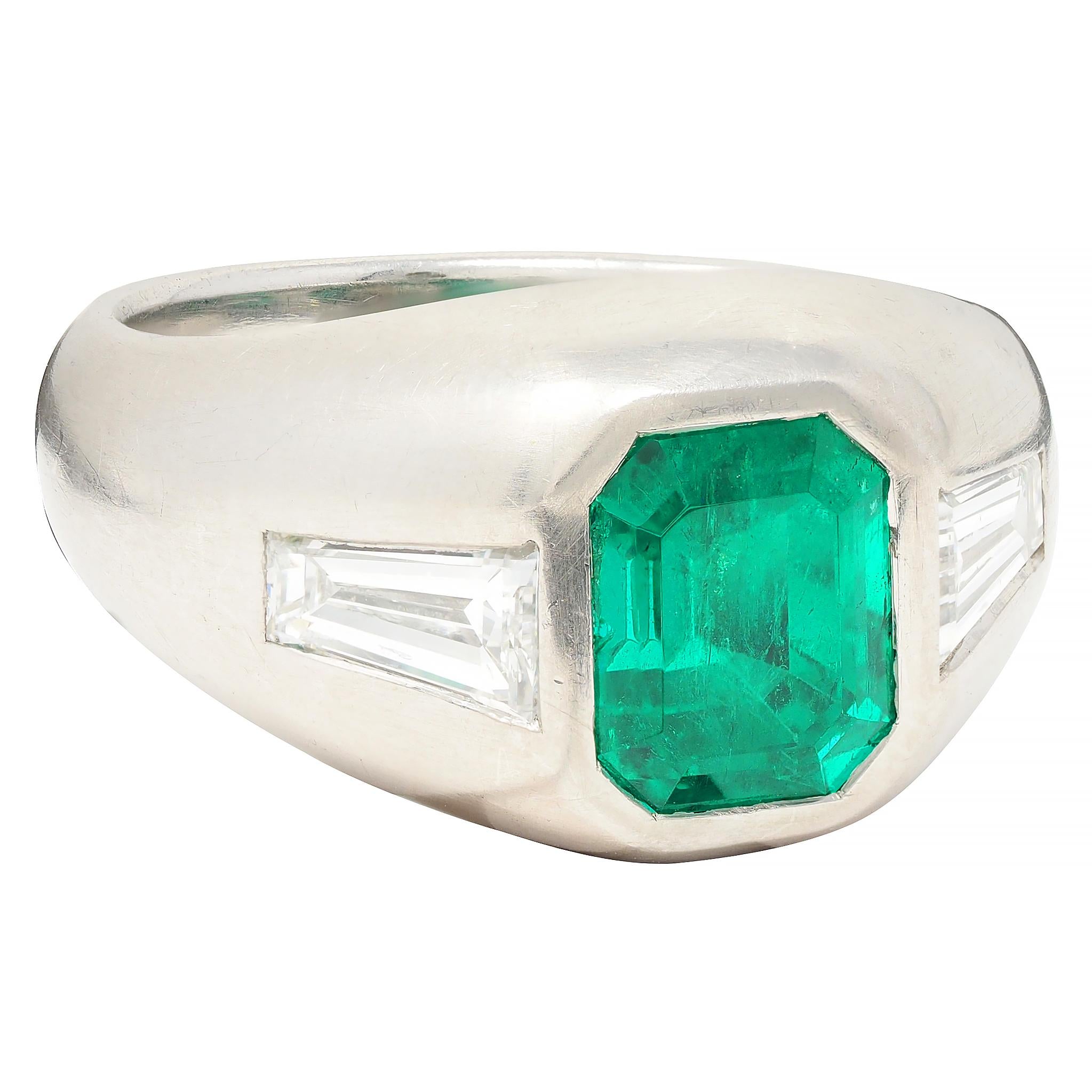 1960's 3.70 CTW Colombian Emerald Diamond Platinum Vintage Three Stone Ring AGL