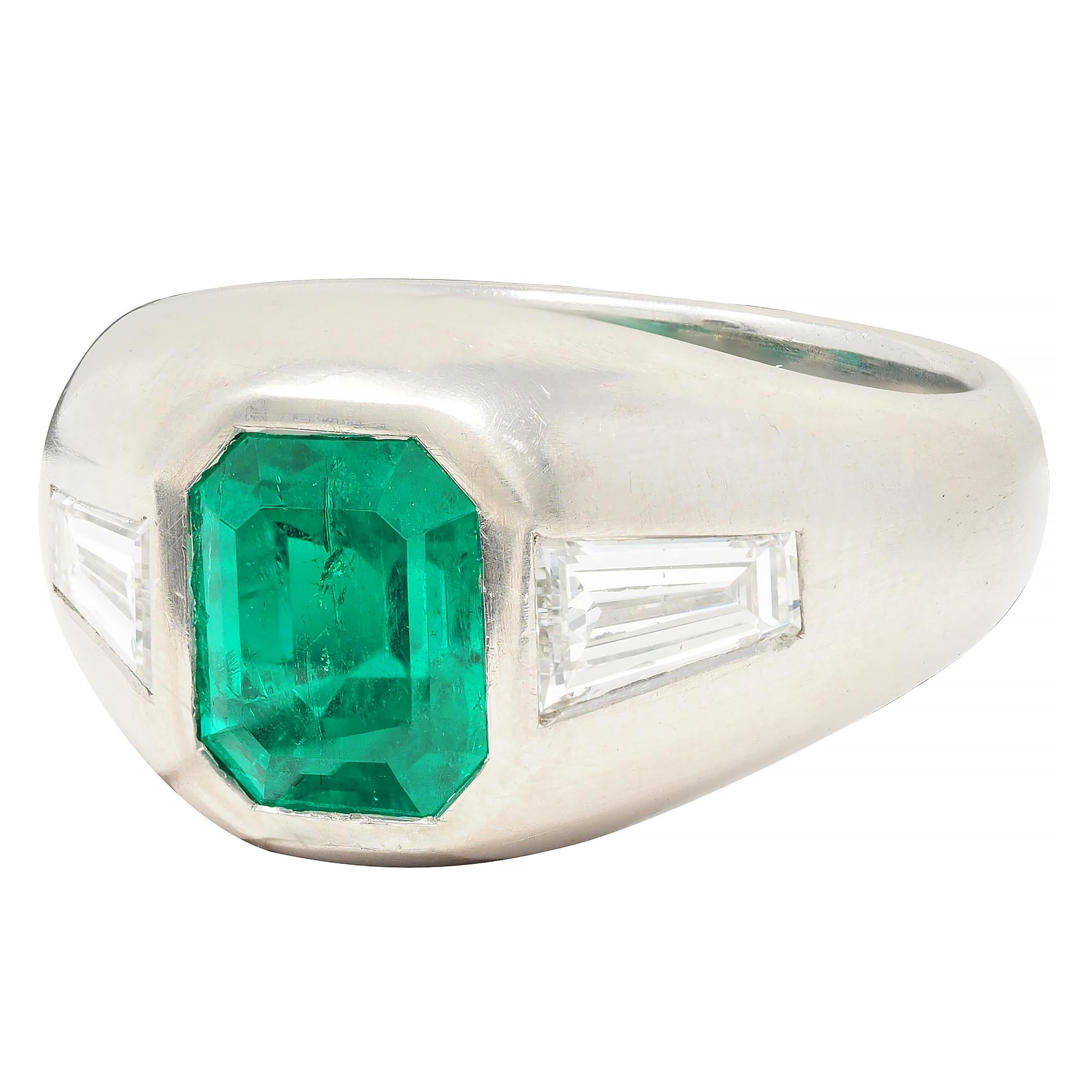 1960's 3.70 CTW Colombian Emerald Diamond Platinum Vintage Three Stone Ring AGL