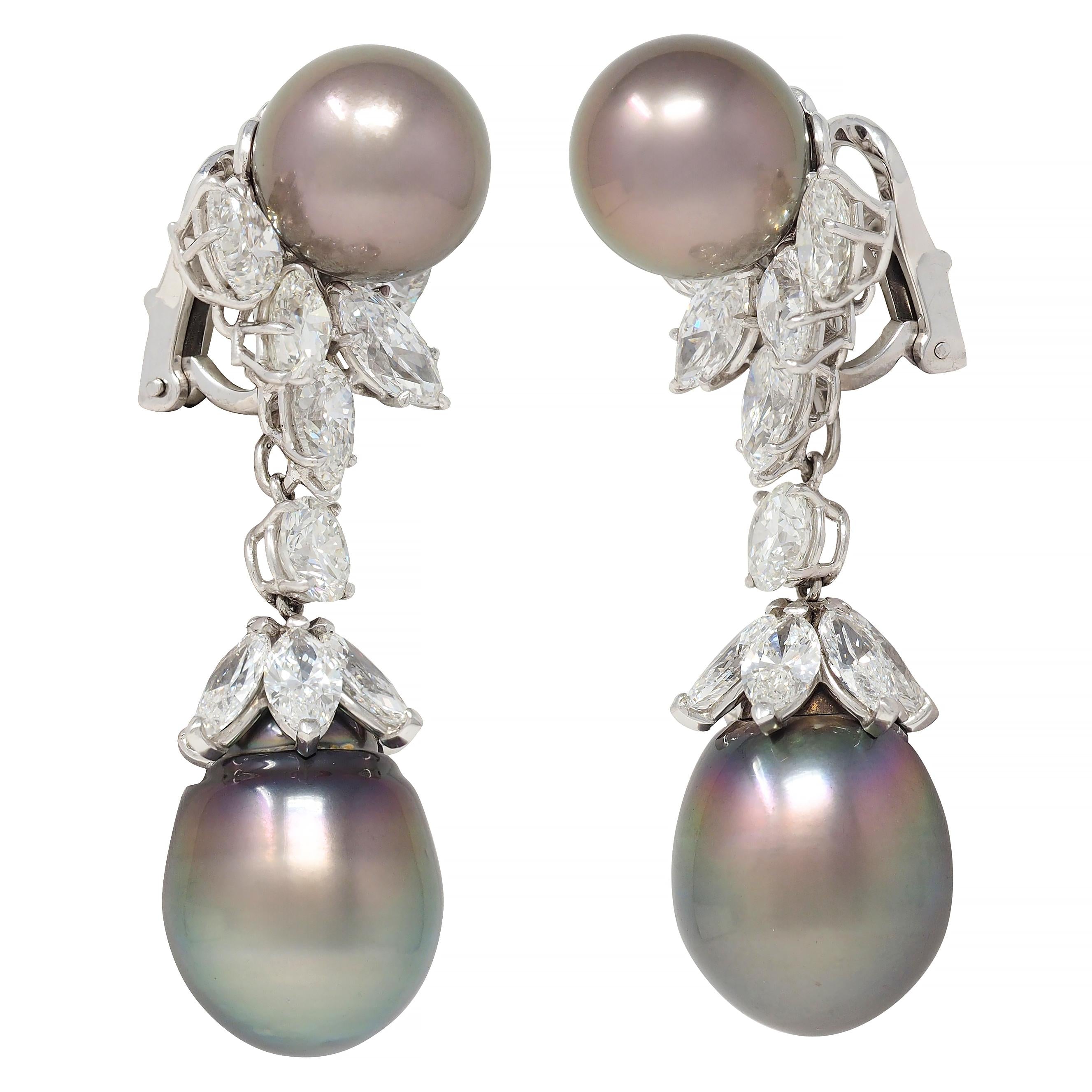 Contemporary 12.50 CTW Diamond Tahitian Pearl Platinum Day Night Drop Earrings