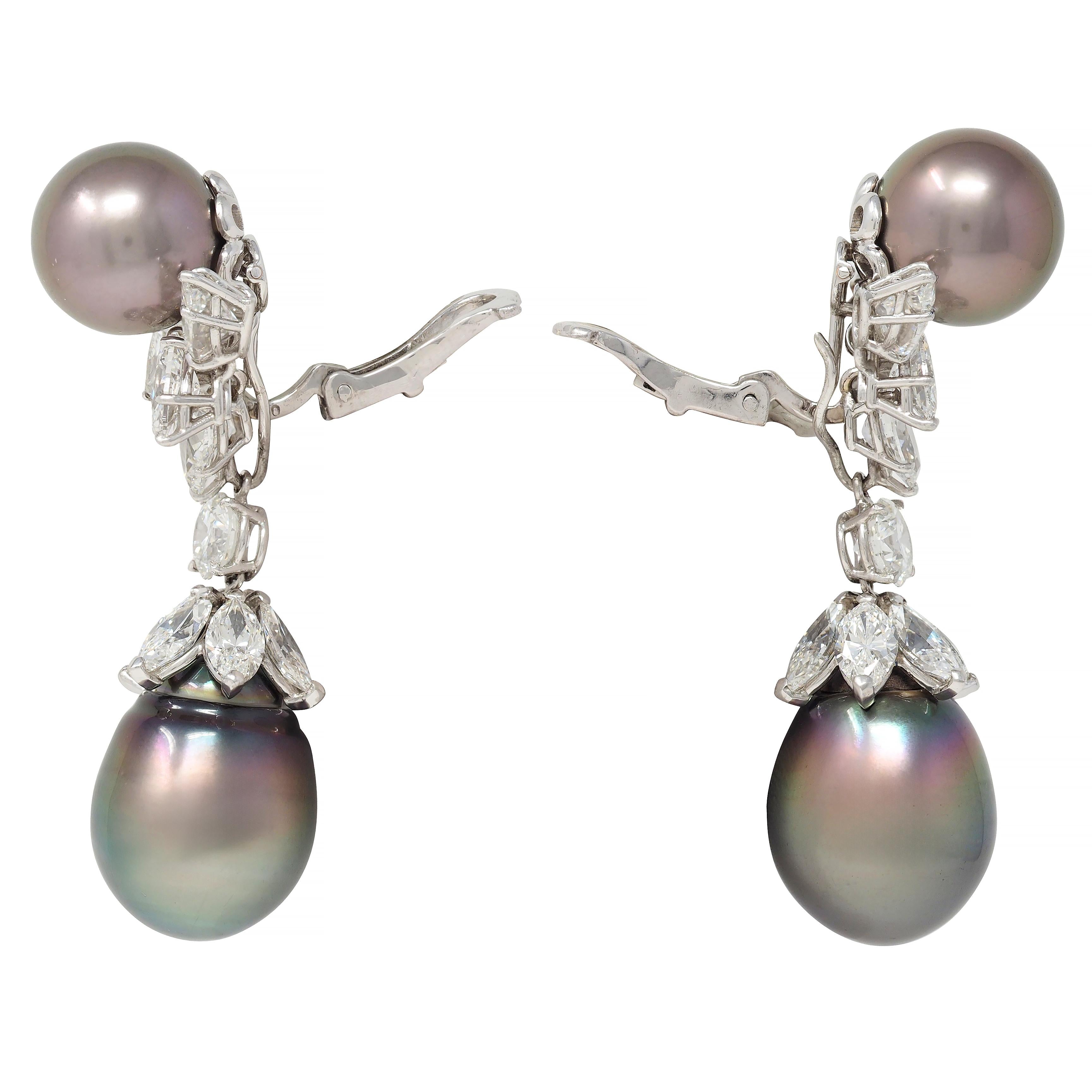 Contemporary 12.50 CTW Diamond Tahitian Pearl Platinum Day Night Drop Earrings