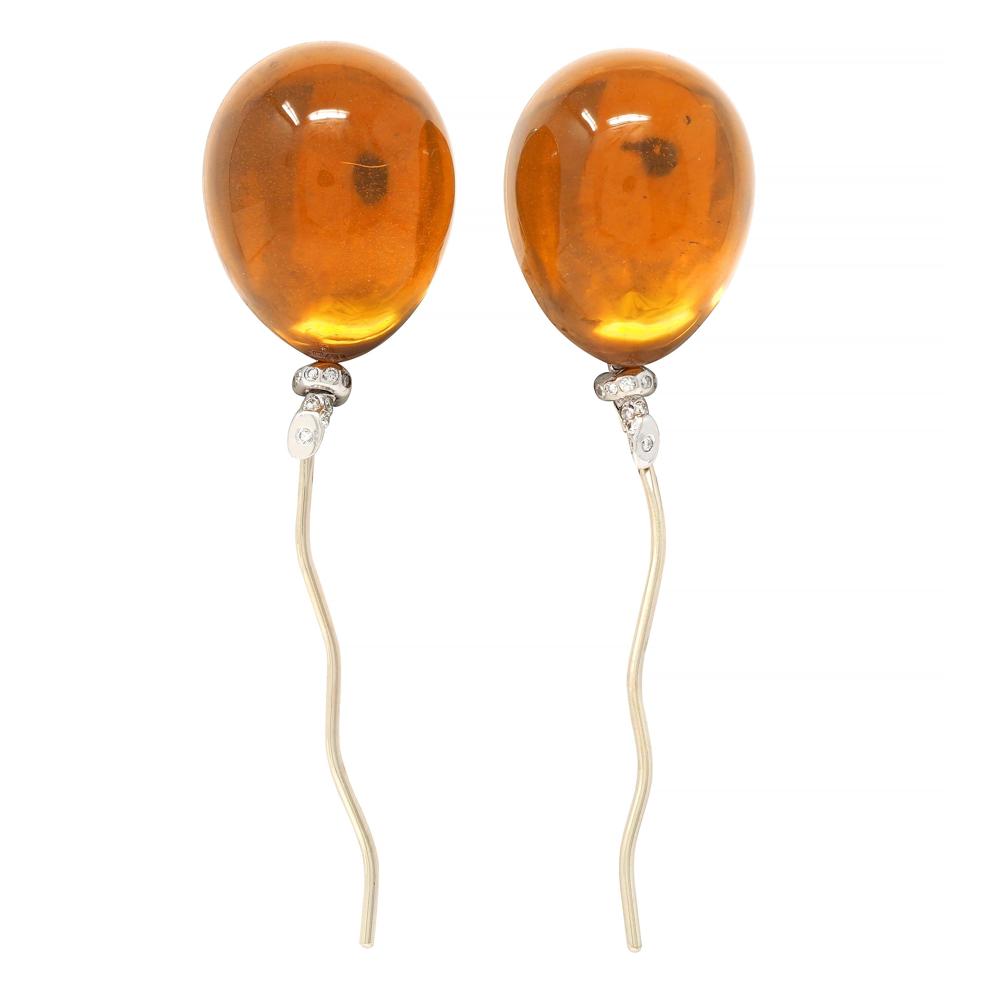 Contemporary Diamond Citrine 18 Karat White Gold Balloon Ear-Clips Earrings