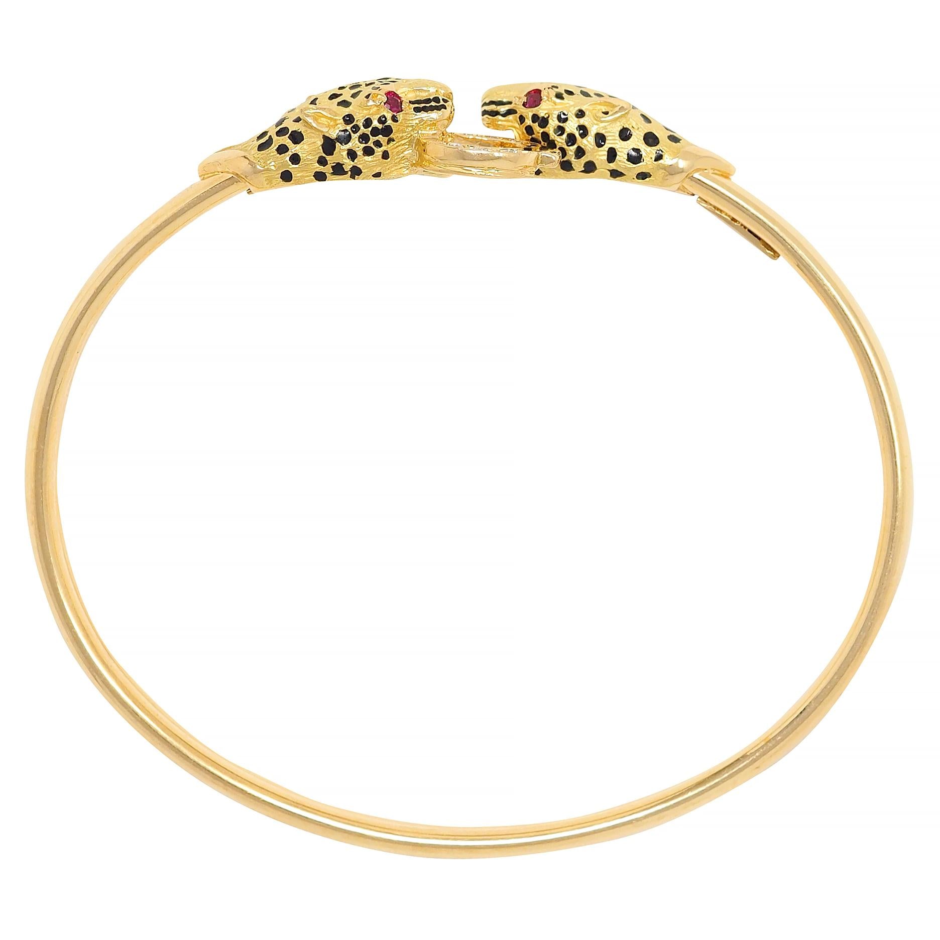 French Diamond Ruby Enamel 18K Yellow Gold Vintage Cheetah Cat Bangle Bracelet