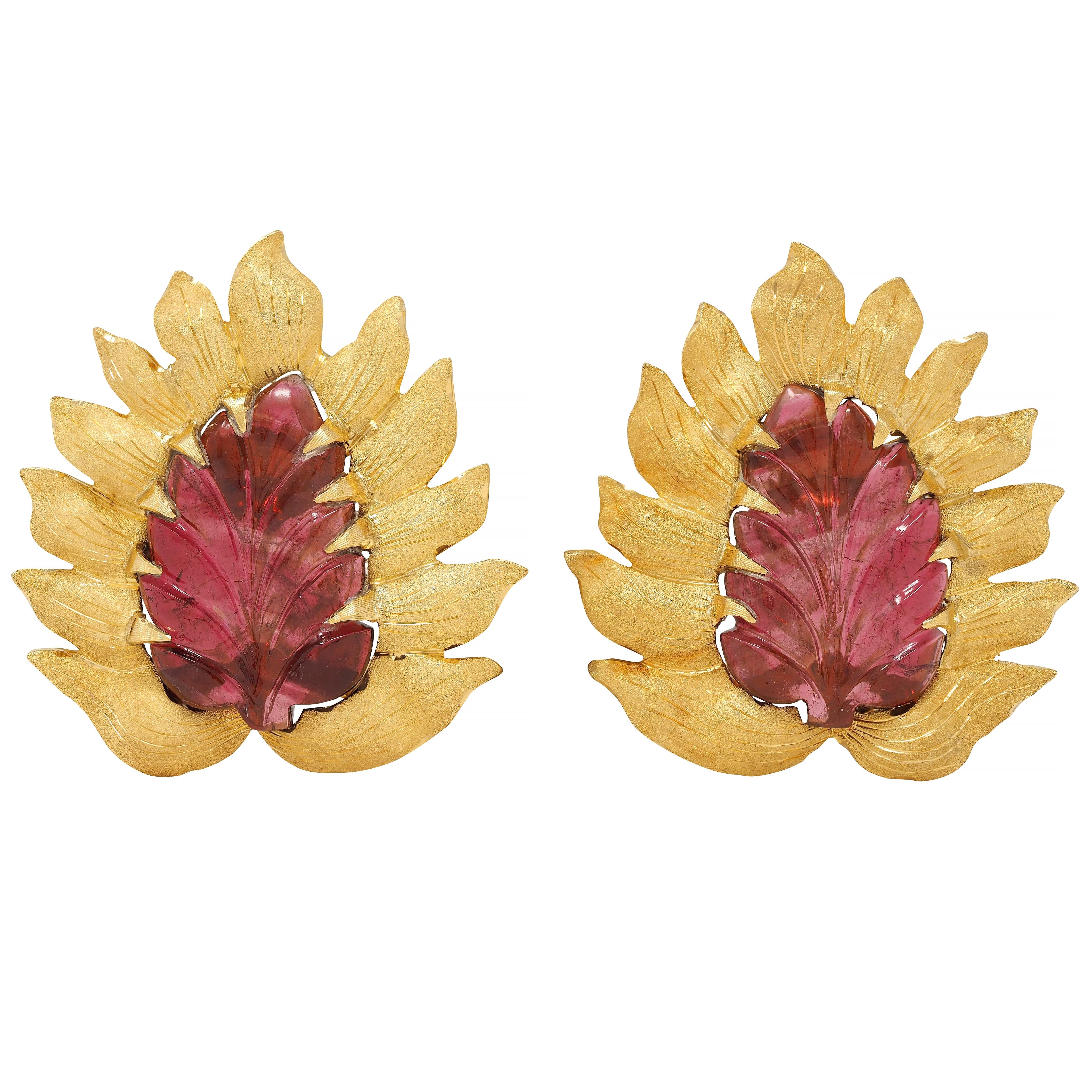 Buccellati Carved Tourmaline 18 Karat Yellow Gold Vintage Foliate Leaf Earrings