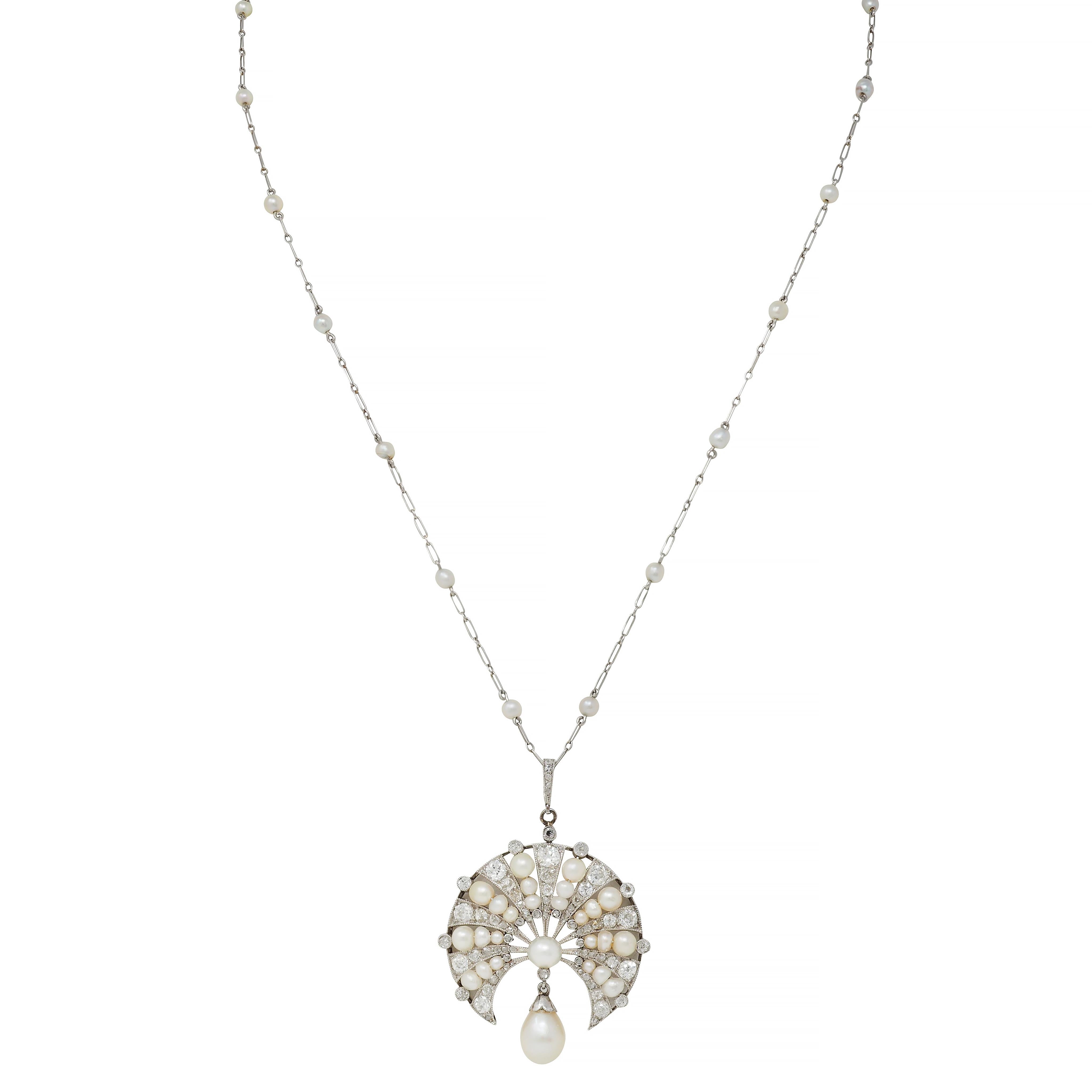 Art Deco French Diamond Natural Pearl Platinum Antique Fan Pendant Necklace