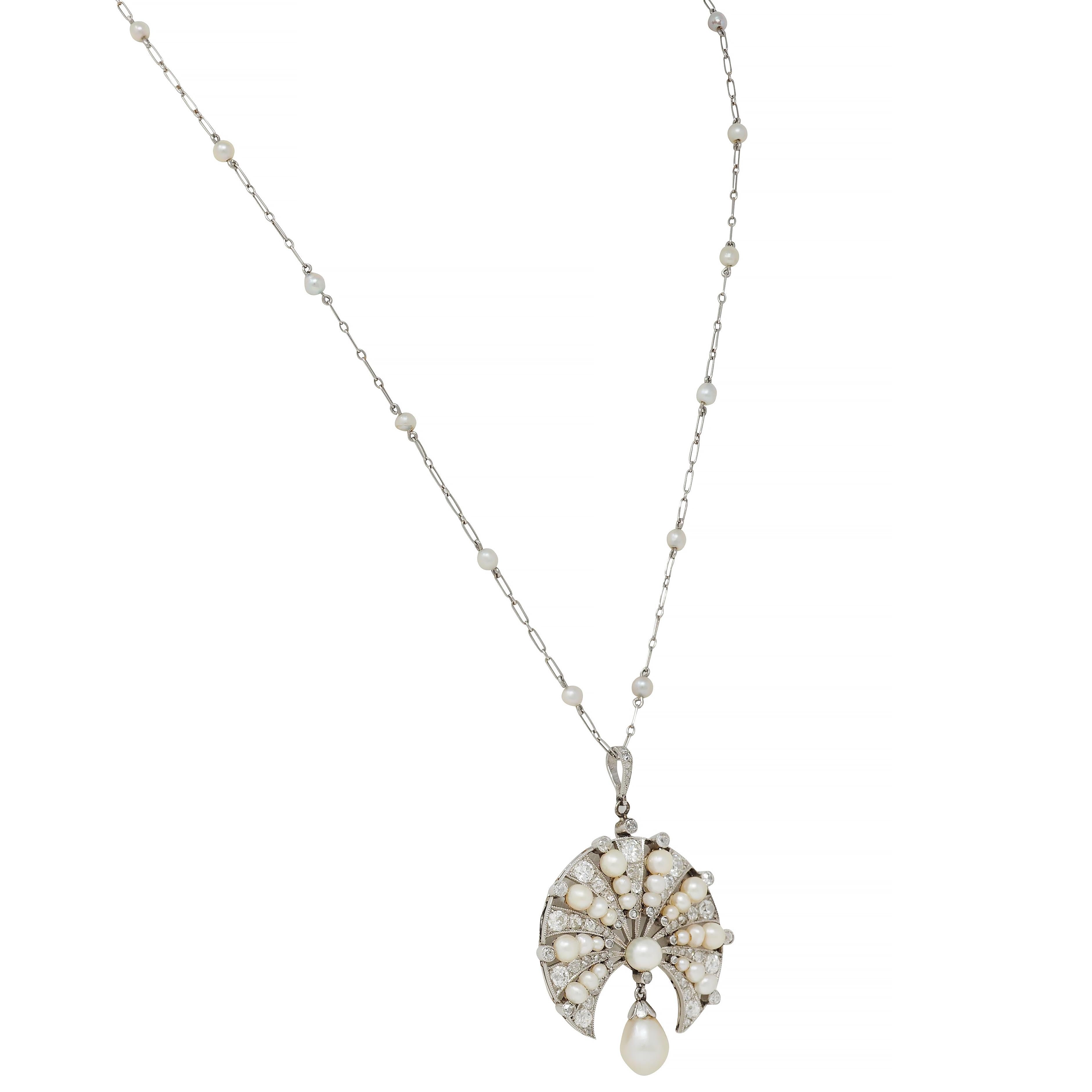 Art Deco French Diamond Natural Pearl Platinum Antique Fan Pendant Necklace