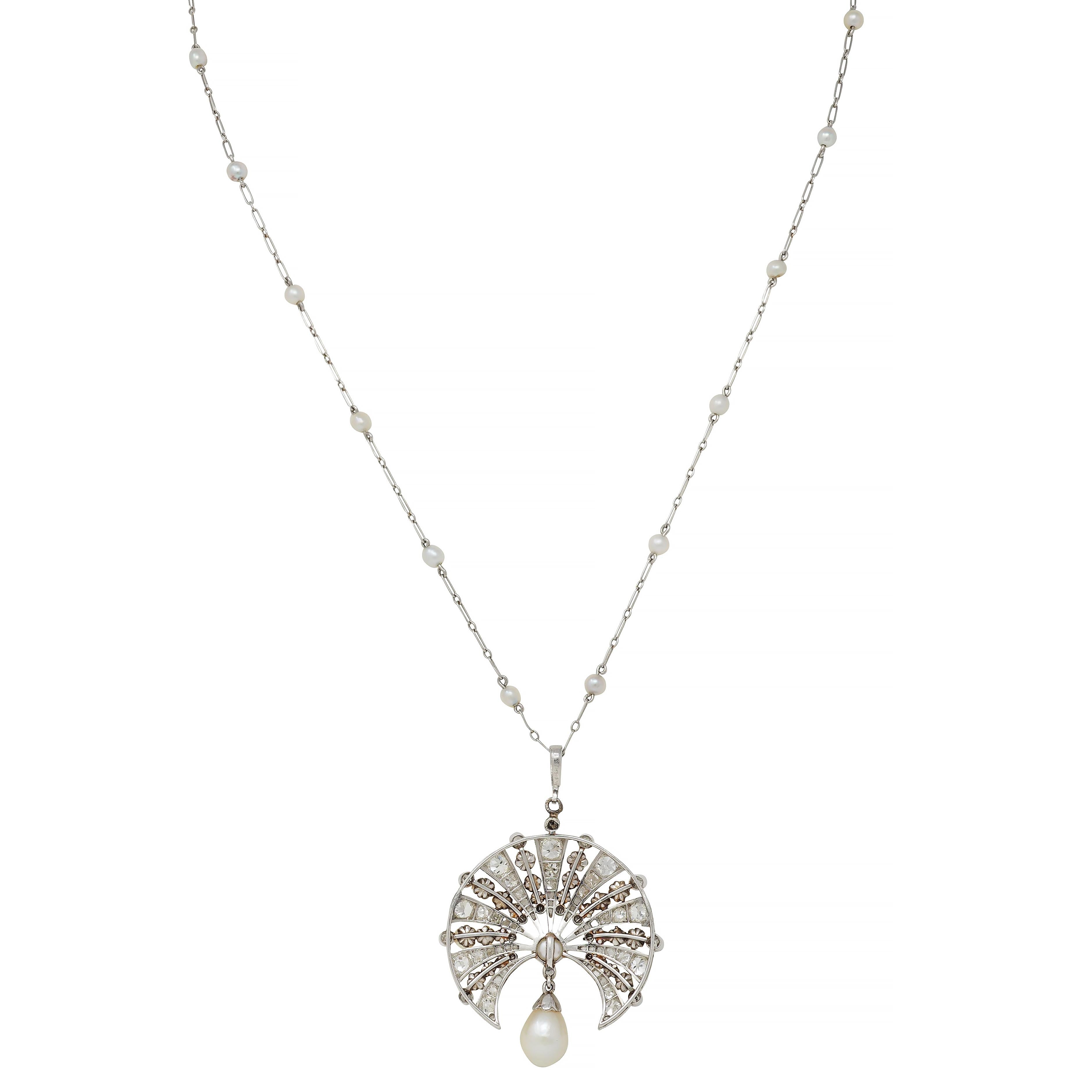 Art Deco French Diamond Natural Pearl Platinum Antique Fan Pendant Necklace