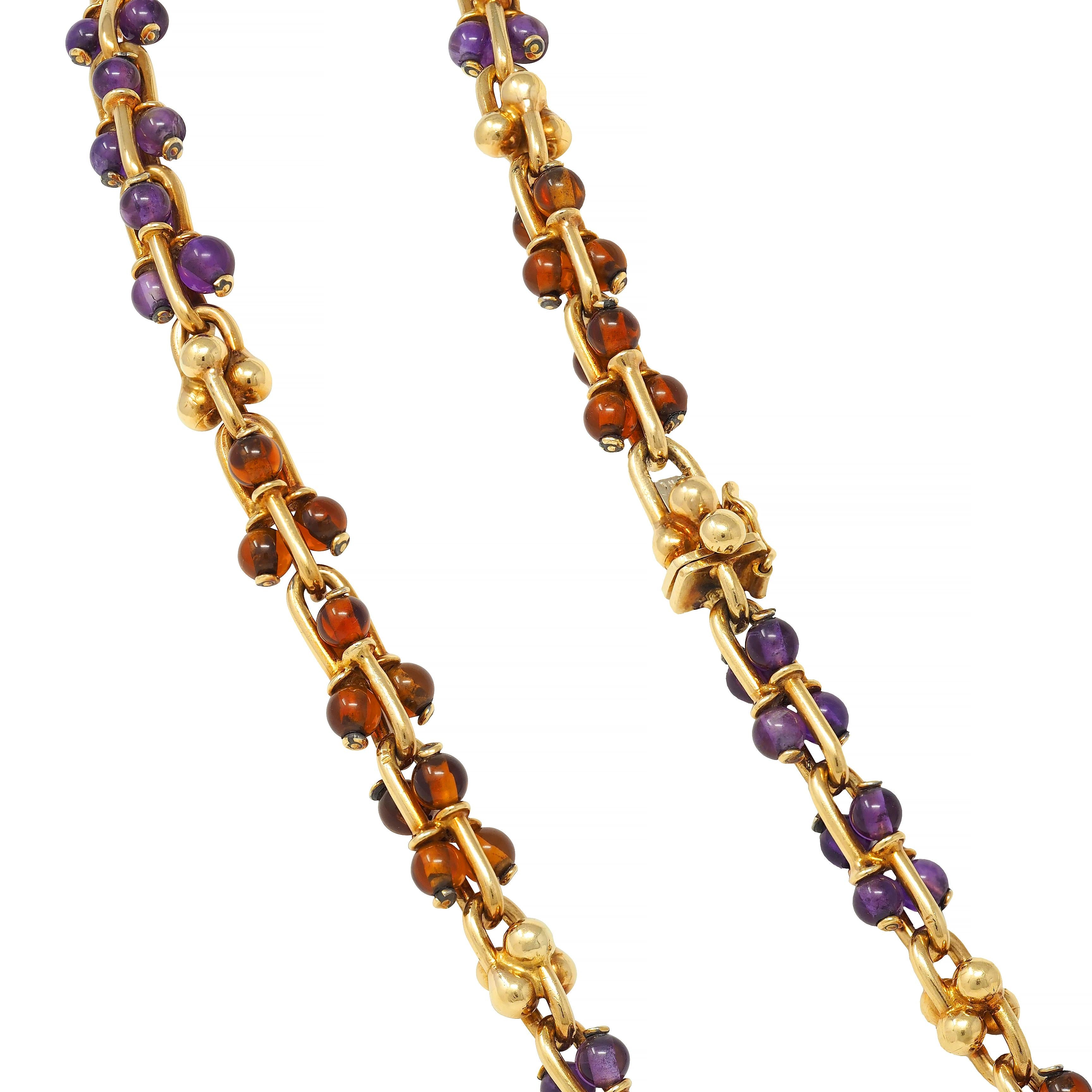 Bulgari 1990s Amethyst Citrine 18K Gold Vintage Beaded Gauge Link Necklace