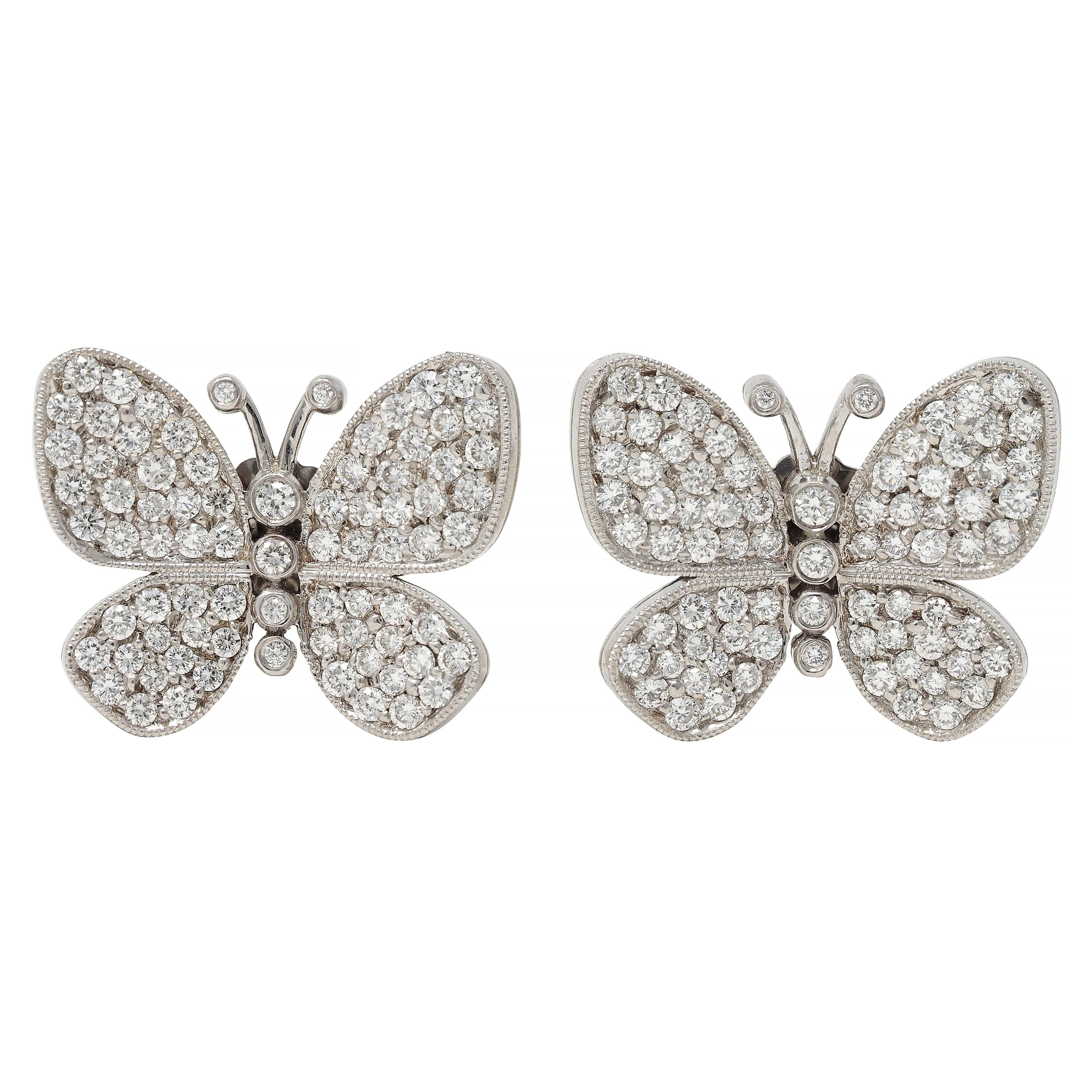 Contemporary 1.45 CTW Diamond 14 Karat White Gold Butterfly Earrings