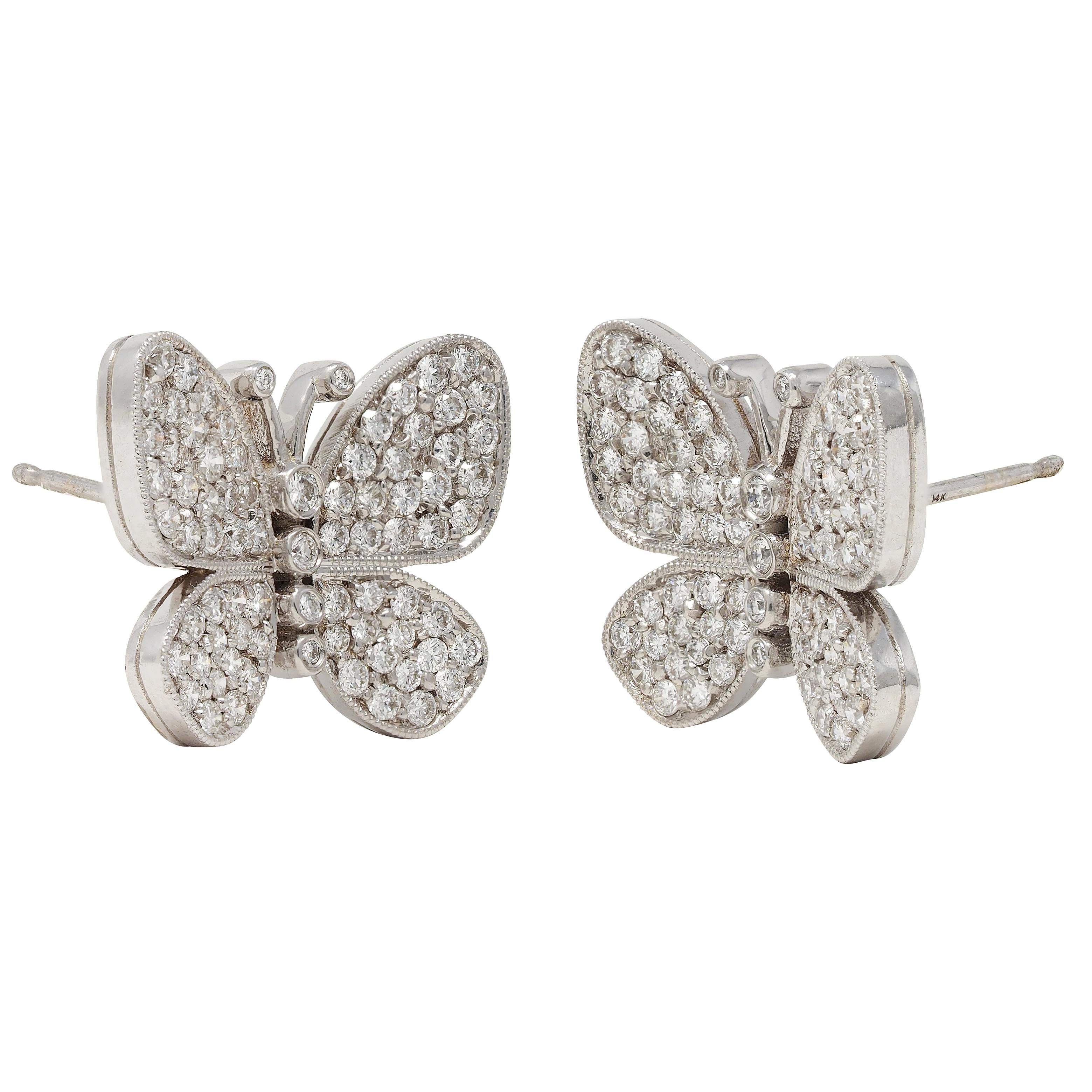 Contemporary 1.45 CTW Diamond 14 Karat White Gold Butterfly Earrings