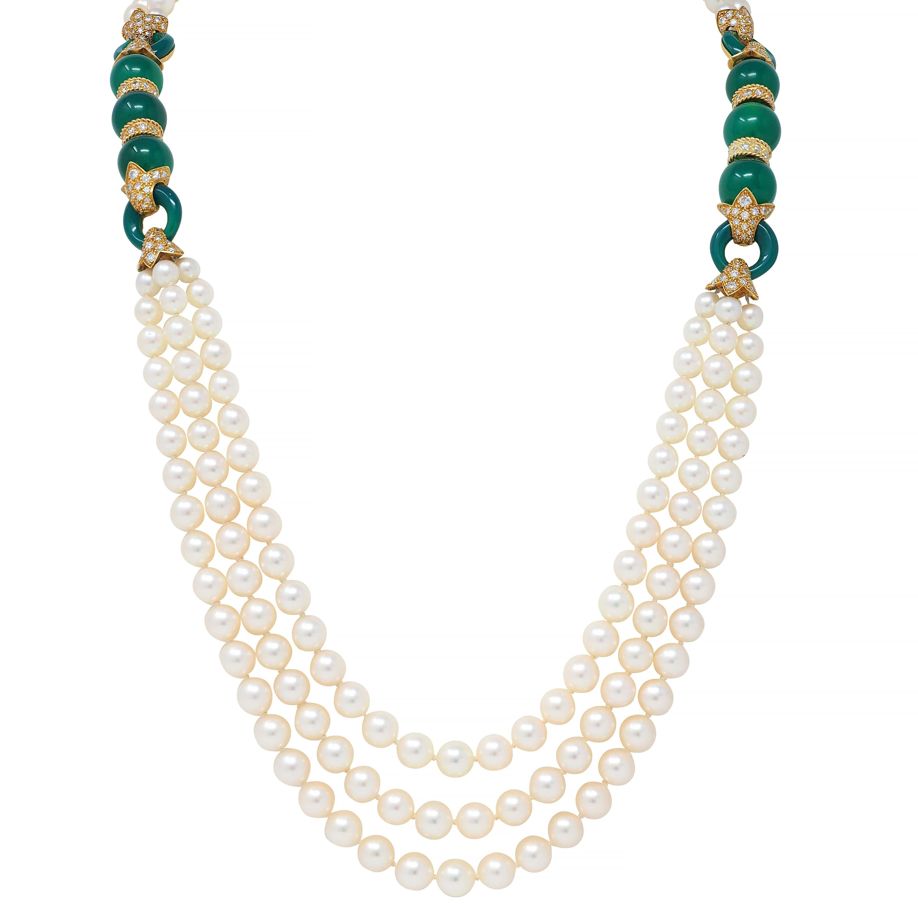 Van Cleef & Arpels Diamond Chrysoprase Pearl 18K Yellow Gold Vintage Necklace