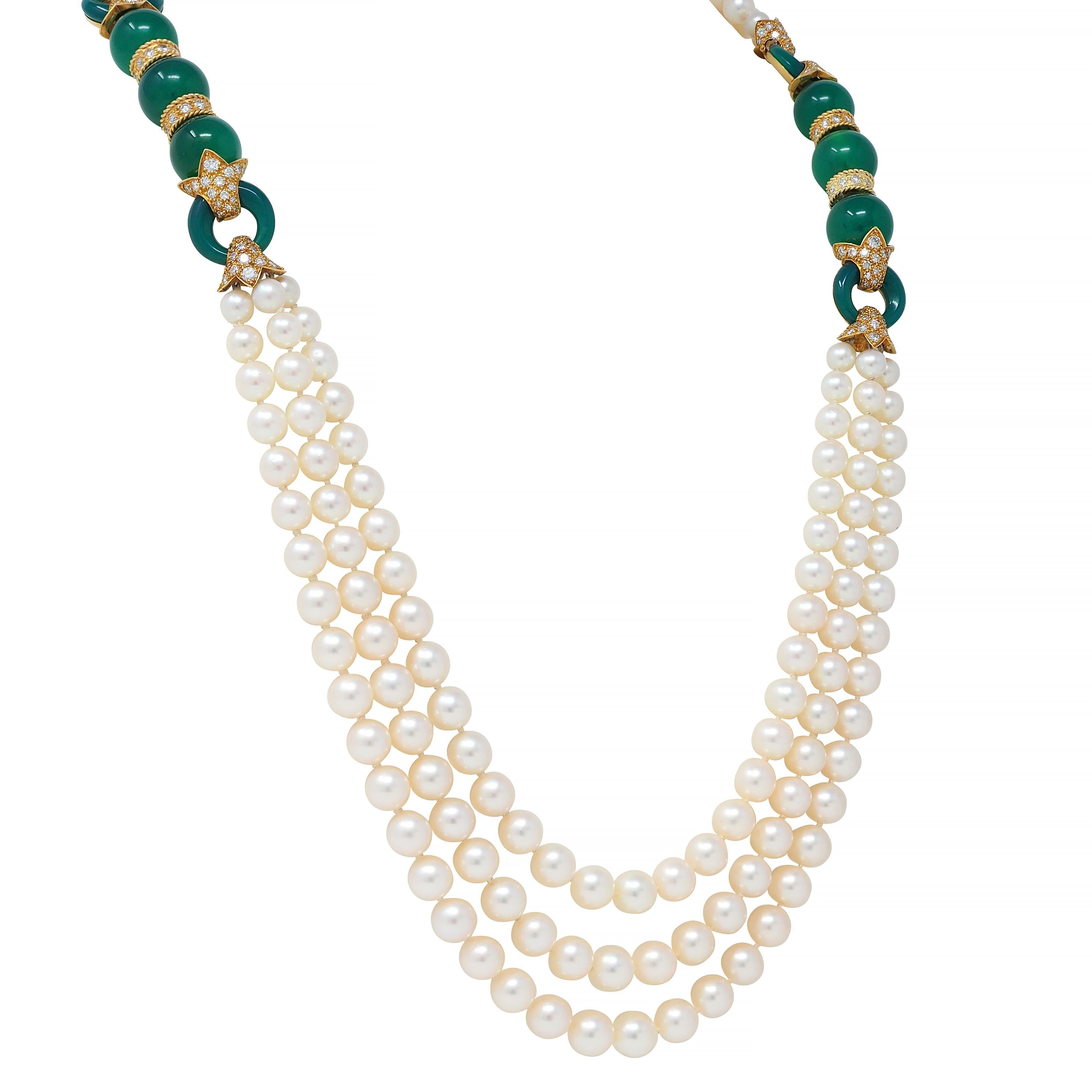 Van Cleef & Arpels Diamond Chrysoprase Pearl 18K Yellow Gold Vintage Necklace